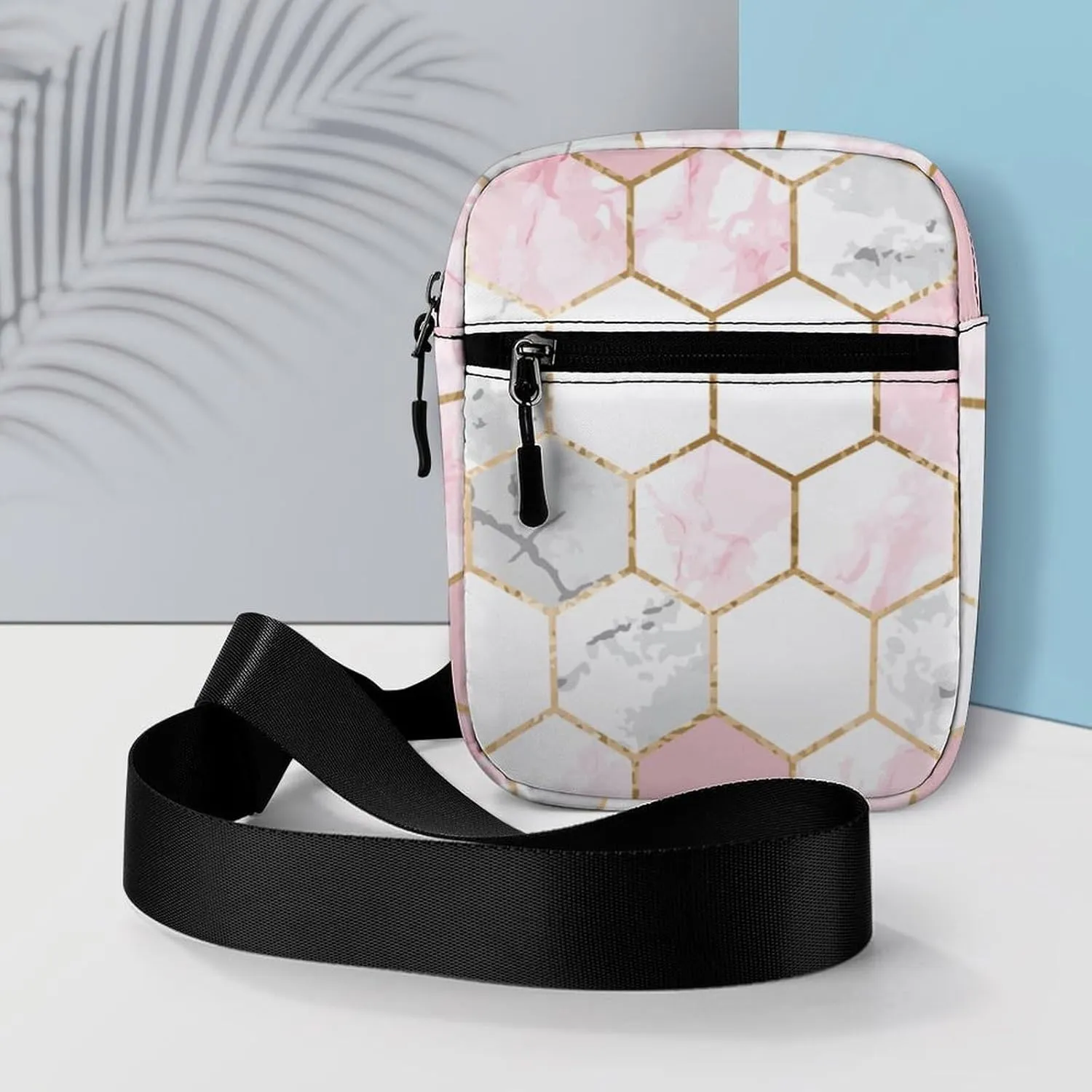 Geometric Gold Rose Pink Hexagonal Tile Detachable Shoulder Strap Small Shoulder Bag Unisex