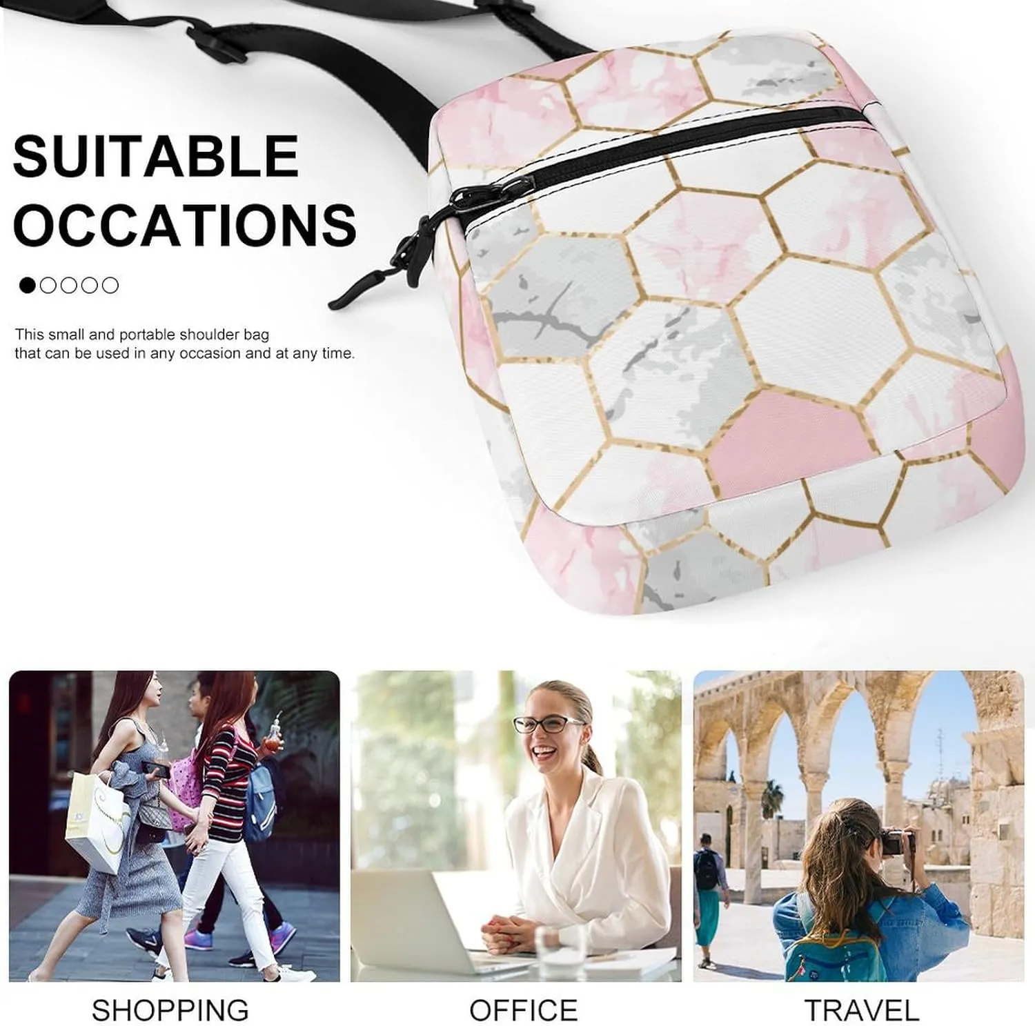 Geometric Gold Rose Pink Hexagonal Tile Detachable Shoulder Strap Small Shoulder Bag Unisex