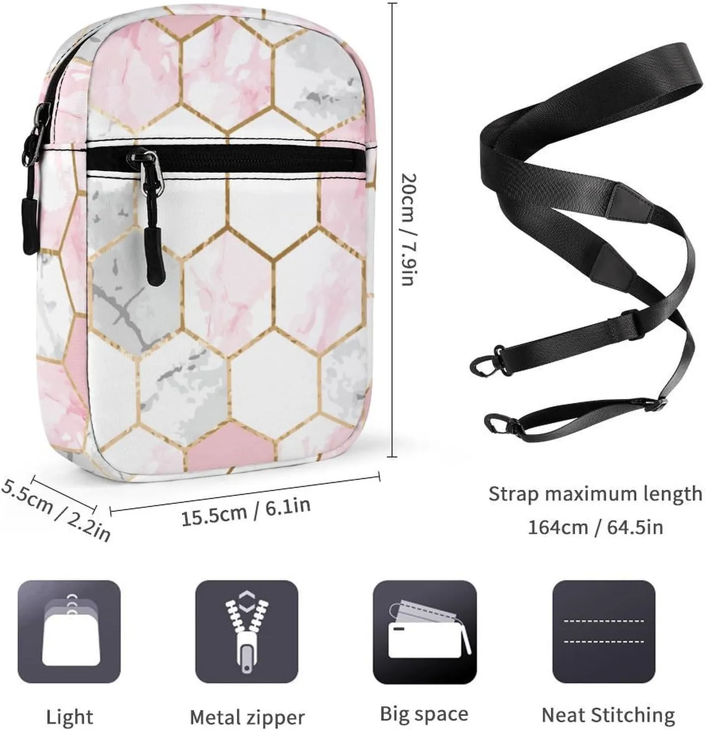 Geometric Gold Rose Pink Hexagonal Tile Detachable Shoulder Strap Small Shoulder Bag Unisex