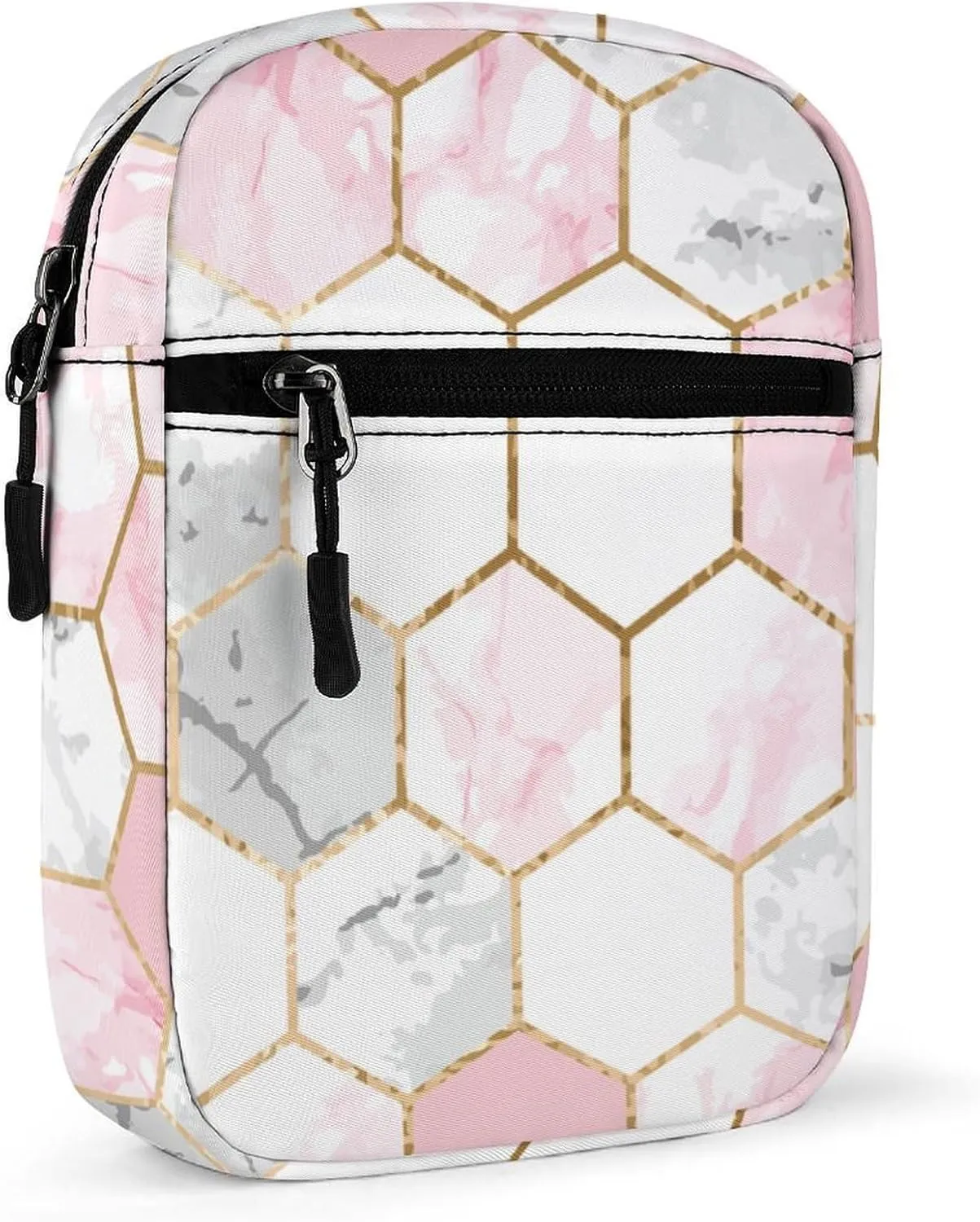 Geometric Gold Rose Pink Hexagonal Tile Detachable Shoulder Strap Small Shoulder Bag Unisex