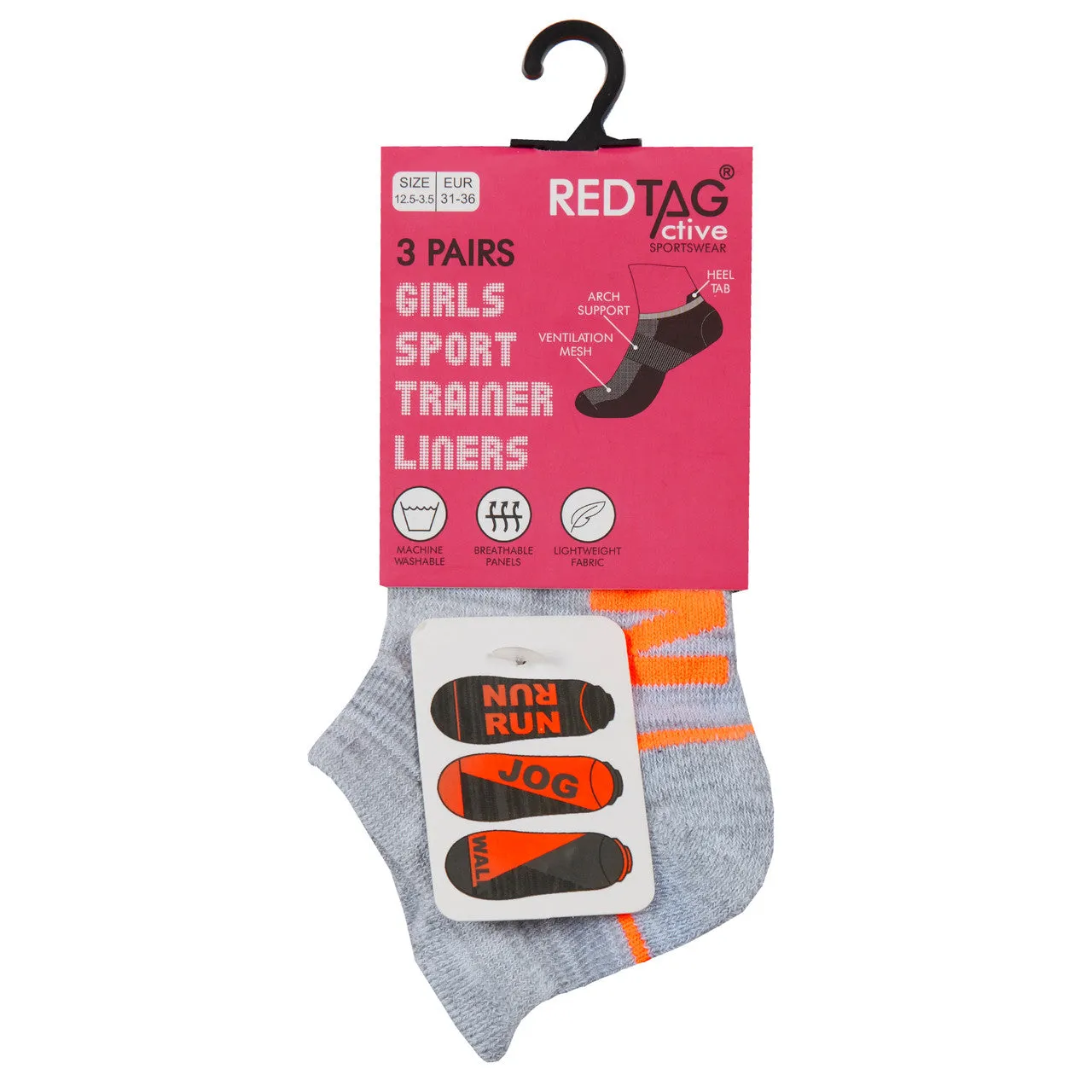 Girls Trainer Liner Socks Low Cut Ankle Jog Walk Run Mesh Insert 3 Pairs- Orange
