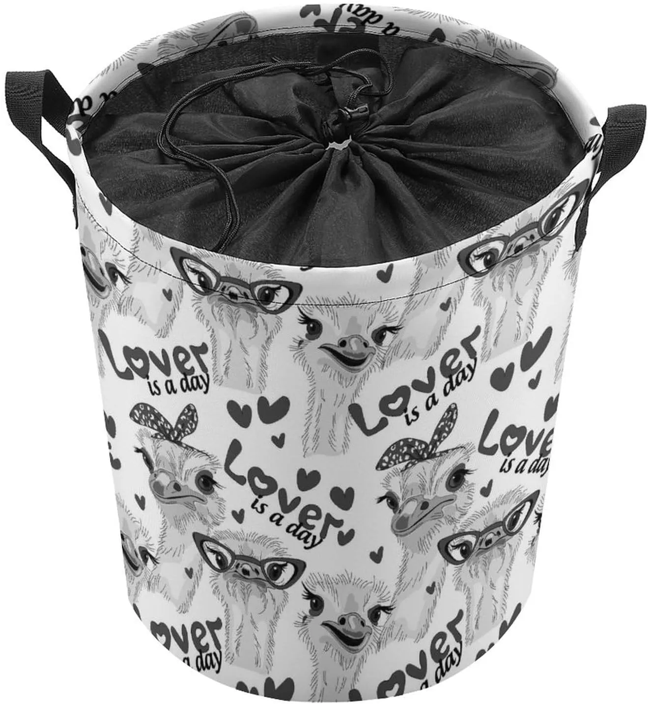Grey Ostriches with Glasses Hairpins, Lover is a Day Letterings Drawstring Collapsible Waterproof Laundry Hamper, Oxford Cloth Washing Basket Bin Storage Bucket with Handles for Toys Clothes