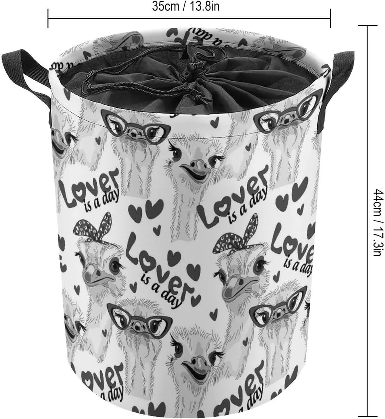 Grey Ostriches with Glasses Hairpins, Lover is a Day Letterings Drawstring Collapsible Waterproof Laundry Hamper, Oxford Cloth Washing Basket Bin Storage Bucket with Handles for Toys Clothes