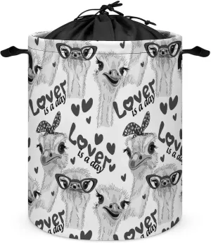 Grey Ostriches with Glasses Hairpins, Lover is a Day Letterings Drawstring Collapsible Waterproof Laundry Hamper, Oxford Cloth Washing Basket Bin Storage Bucket with Handles for Toys Clothes