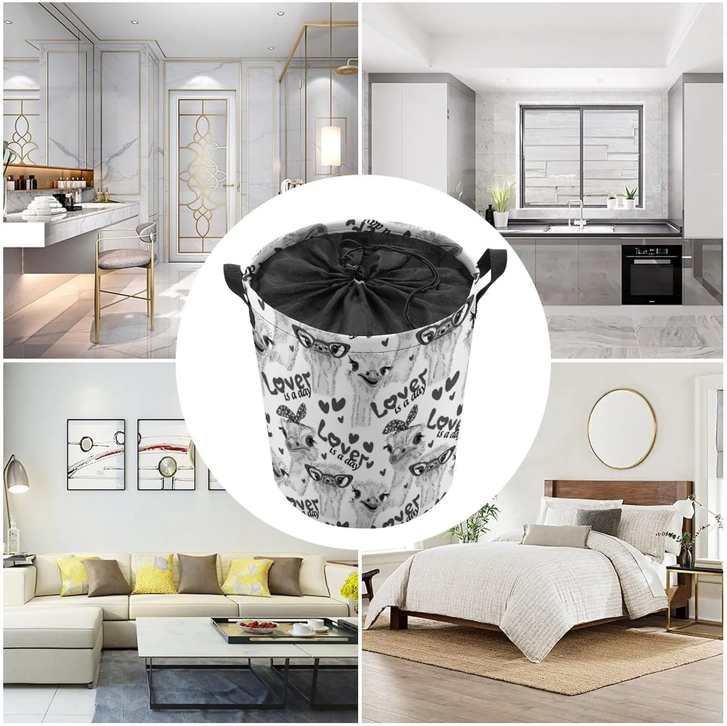 Grey Ostriches with Glasses Hairpins, Lover is a Day Letterings Drawstring Collapsible Waterproof Laundry Hamper, Oxford Cloth Washing Basket Bin Storage Bucket with Handles for Toys Clothes
