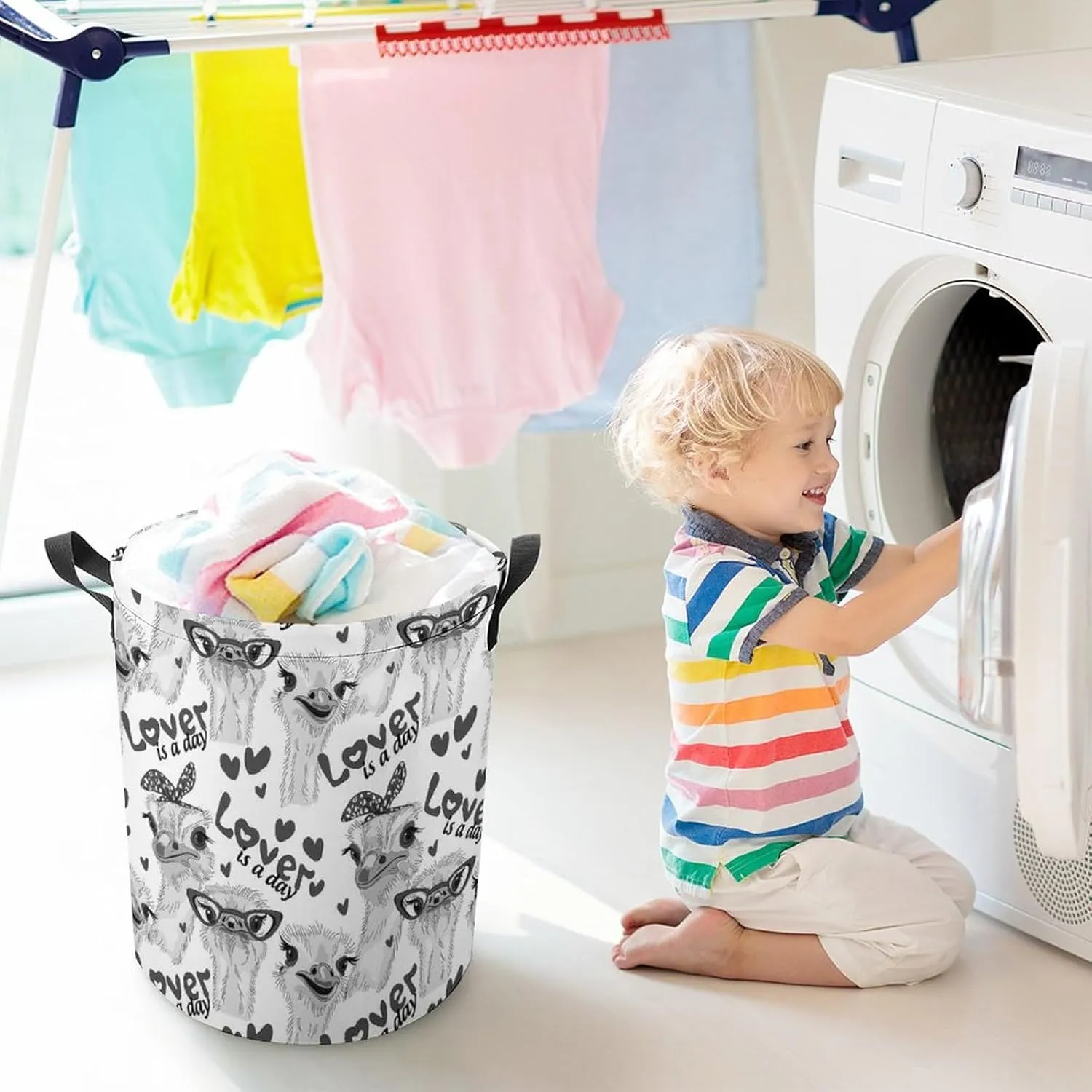 Grey Ostriches with Glasses Hairpins, Lover is a Day Letterings Drawstring Collapsible Waterproof Laundry Hamper, Oxford Cloth Washing Basket Bin Storage Bucket with Handles for Toys Clothes
