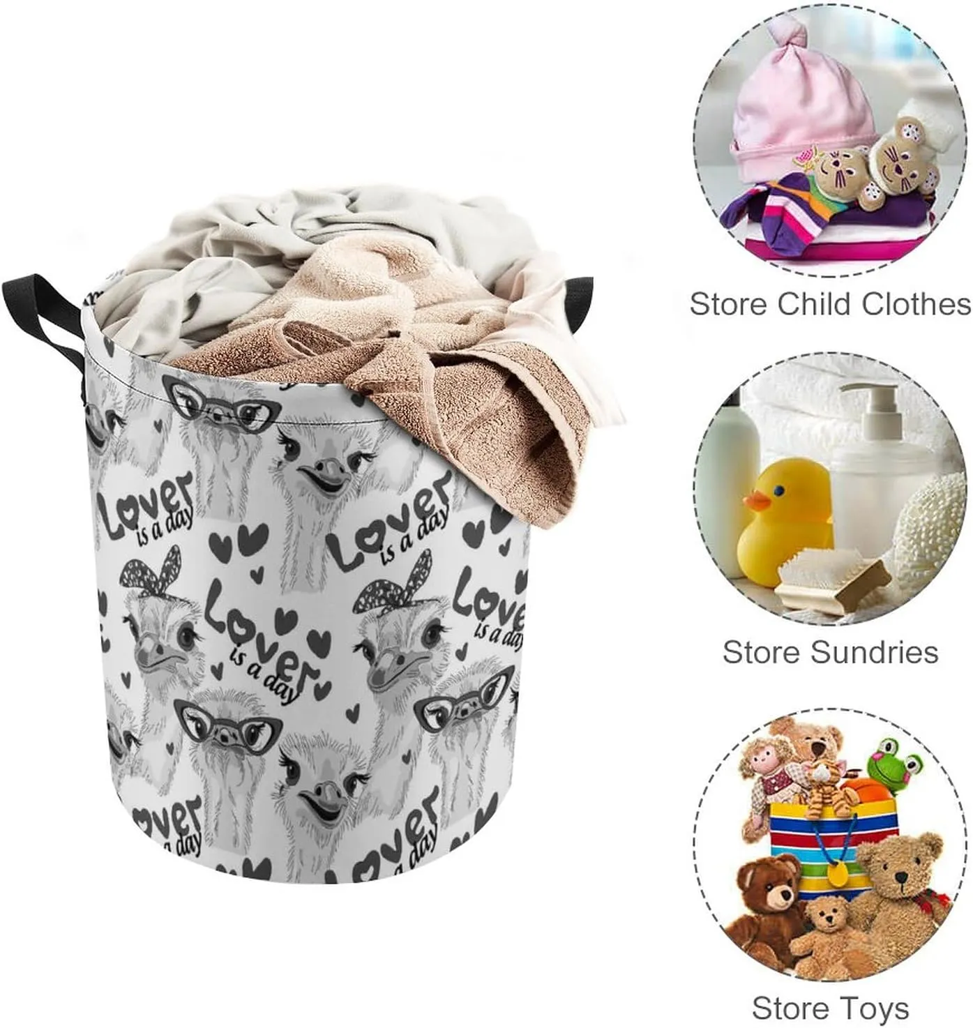 Grey Ostriches with Glasses Hairpins, Lover is a Day Letterings Drawstring Collapsible Waterproof Laundry Hamper, Oxford Cloth Washing Basket Bin Storage Bucket with Handles for Toys Clothes
