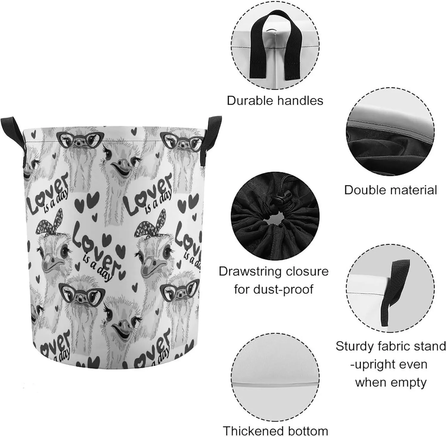 Grey Ostriches with Glasses Hairpins, Lover is a Day Letterings Drawstring Collapsible Waterproof Laundry Hamper, Oxford Cloth Washing Basket Bin Storage Bucket with Handles for Toys Clothes