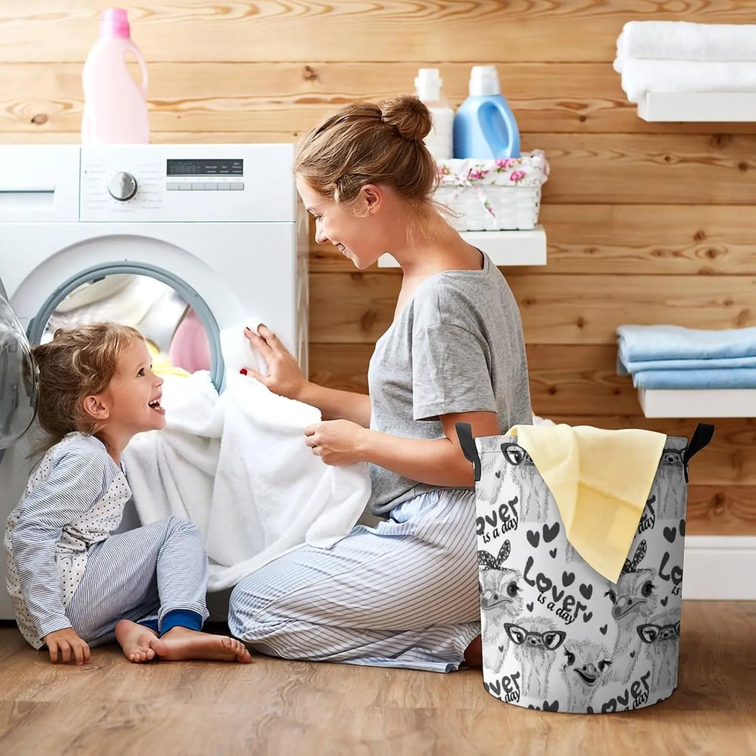 Grey Ostriches with Glasses Hairpins, Lover is a Day Letterings Drawstring Collapsible Waterproof Laundry Hamper, Oxford Cloth Washing Basket Bin Storage Bucket with Handles for Toys Clothes