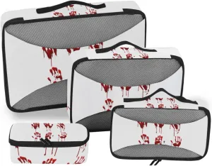Halloween Bloody Hand Prints Set Horror and Dirty Bleeding Red Palm 4 PCs Set Packing Bags, Luggage Organizer Bag, Portable Cube Toiletry bag, Durable Travel Cosmetic Storage Bag for Men Women