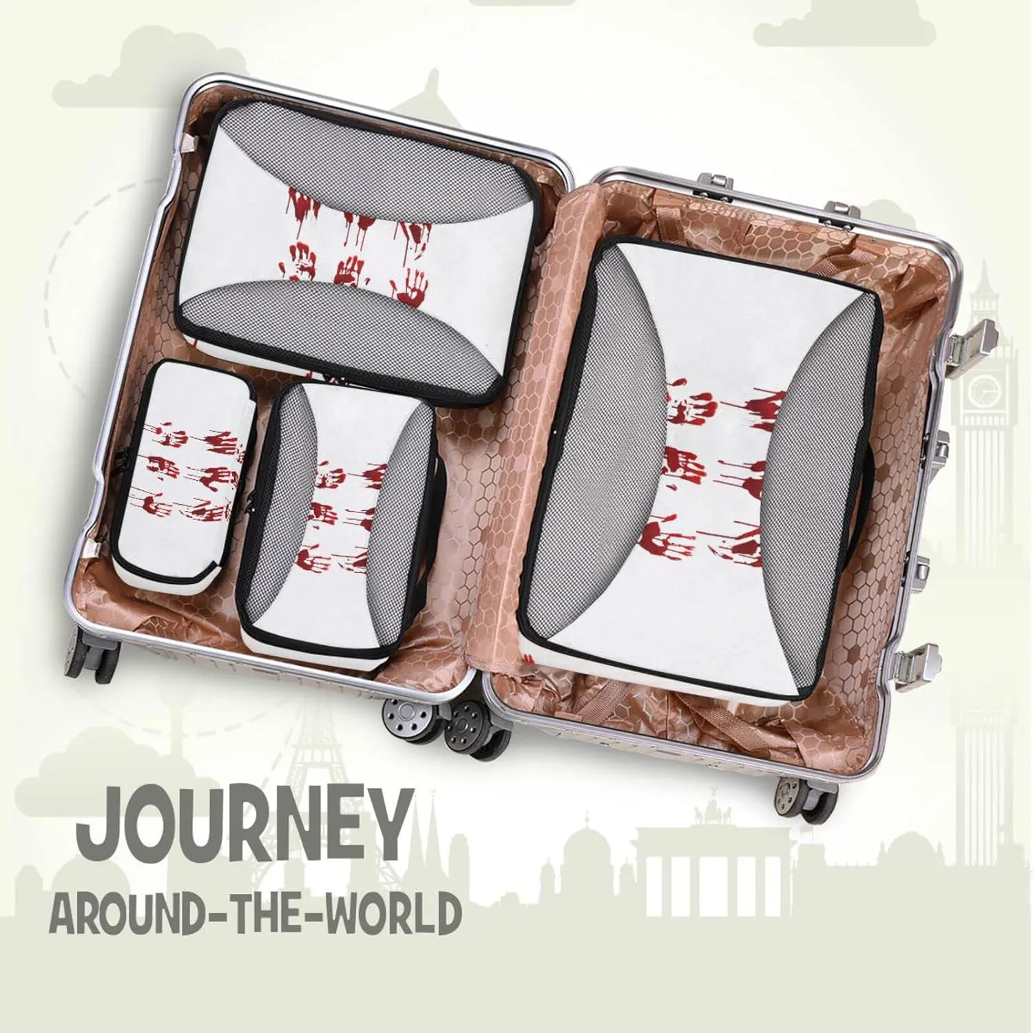 Halloween Bloody Hand Prints Set Horror and Dirty Bleeding Red Palm 4 PCs Set Packing Bags, Luggage Organizer Bag, Portable Cube Toiletry bag, Durable Travel Cosmetic Storage Bag for Men Women