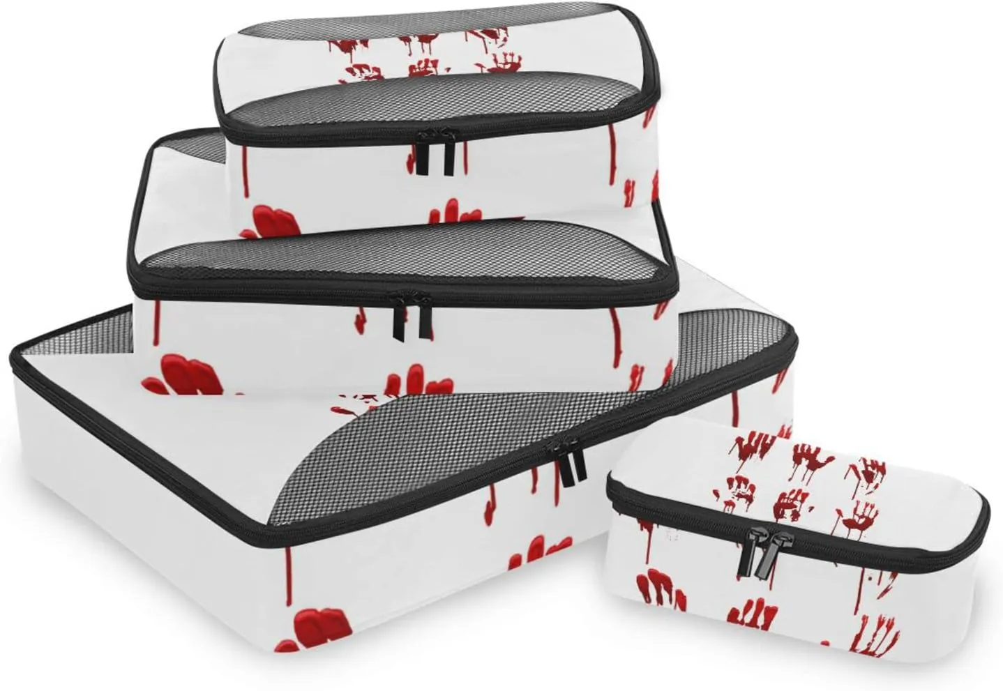 Halloween Bloody Hand Prints Set Horror and Dirty Bleeding Red Palm 4 PCs Set Packing Bags, Luggage Organizer Bag, Portable Cube Toiletry bag, Durable Travel Cosmetic Storage Bag for Men Women