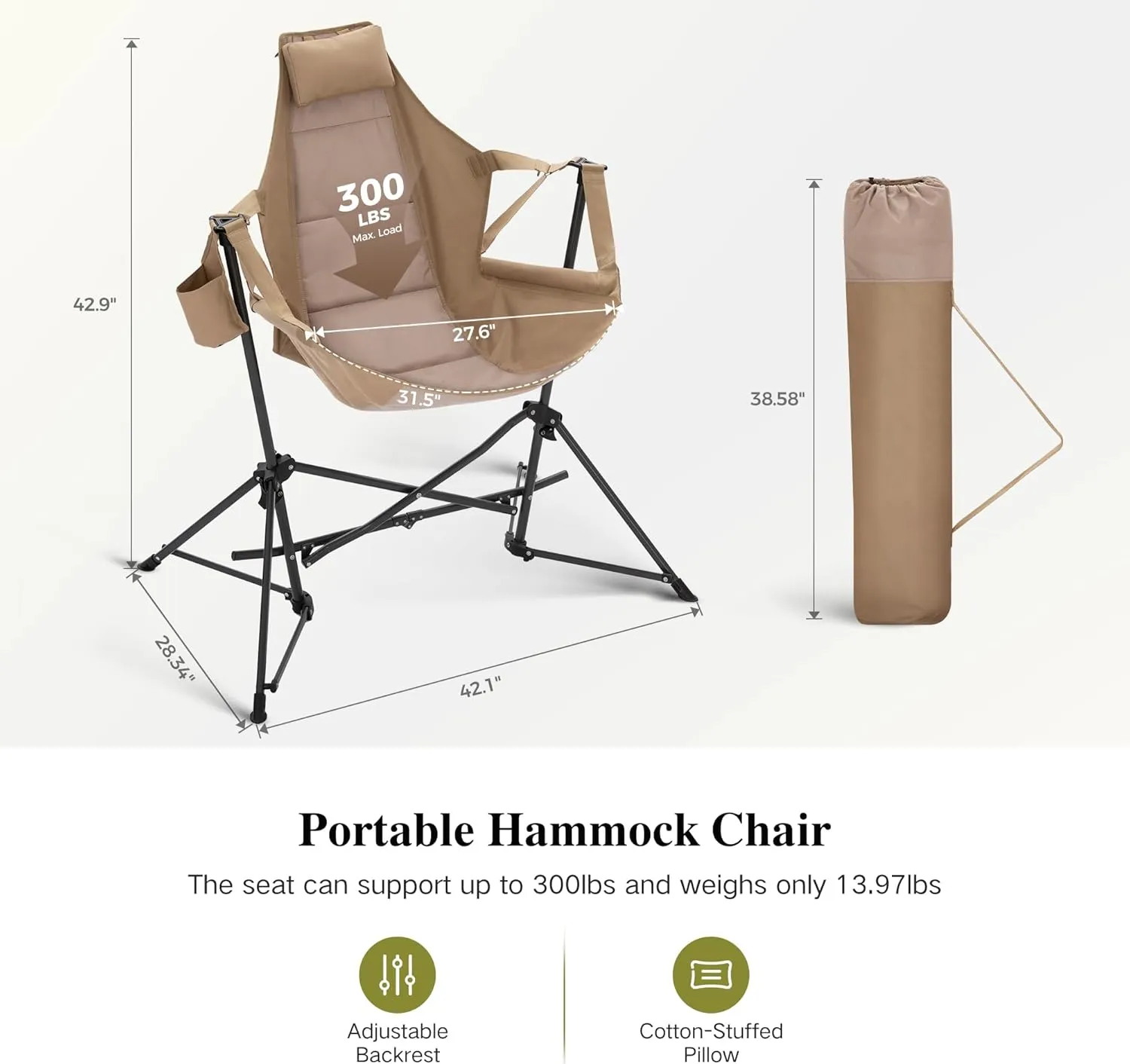 Hammock Camping Chair, Adjustable Back Folding Outdoor Rocking Chair with Cup Holder, Heavy Duty Portable Camp Chair for Adults, High Back Design