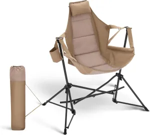 Hammock Camping Chair, Adjustable Back Swinging Chair, Folding Outdoor Rocking Chair, Heavy Duty Portable Camp Chair with Cup Holder and High Back for Adults, Beige