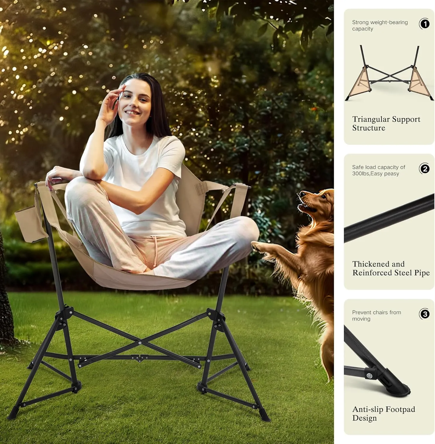 Hammock Camping Chair, Adjustable Back Swinging Chair, Folding Outdoor Rocking Chair, Heavy Duty Portable Camp Chair with Cup Holder and High Back for Adults, Beige