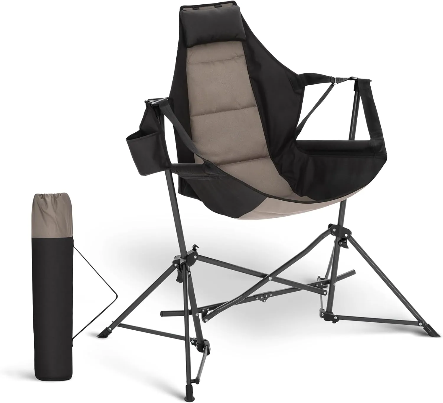 Hammock Camping Chair, Adjustable Back Swinging Chair, Folding Outdoor Rocking Chair, Heavy Duty Portable Camp Chair with Cup Holder and High Back for Adults, Black