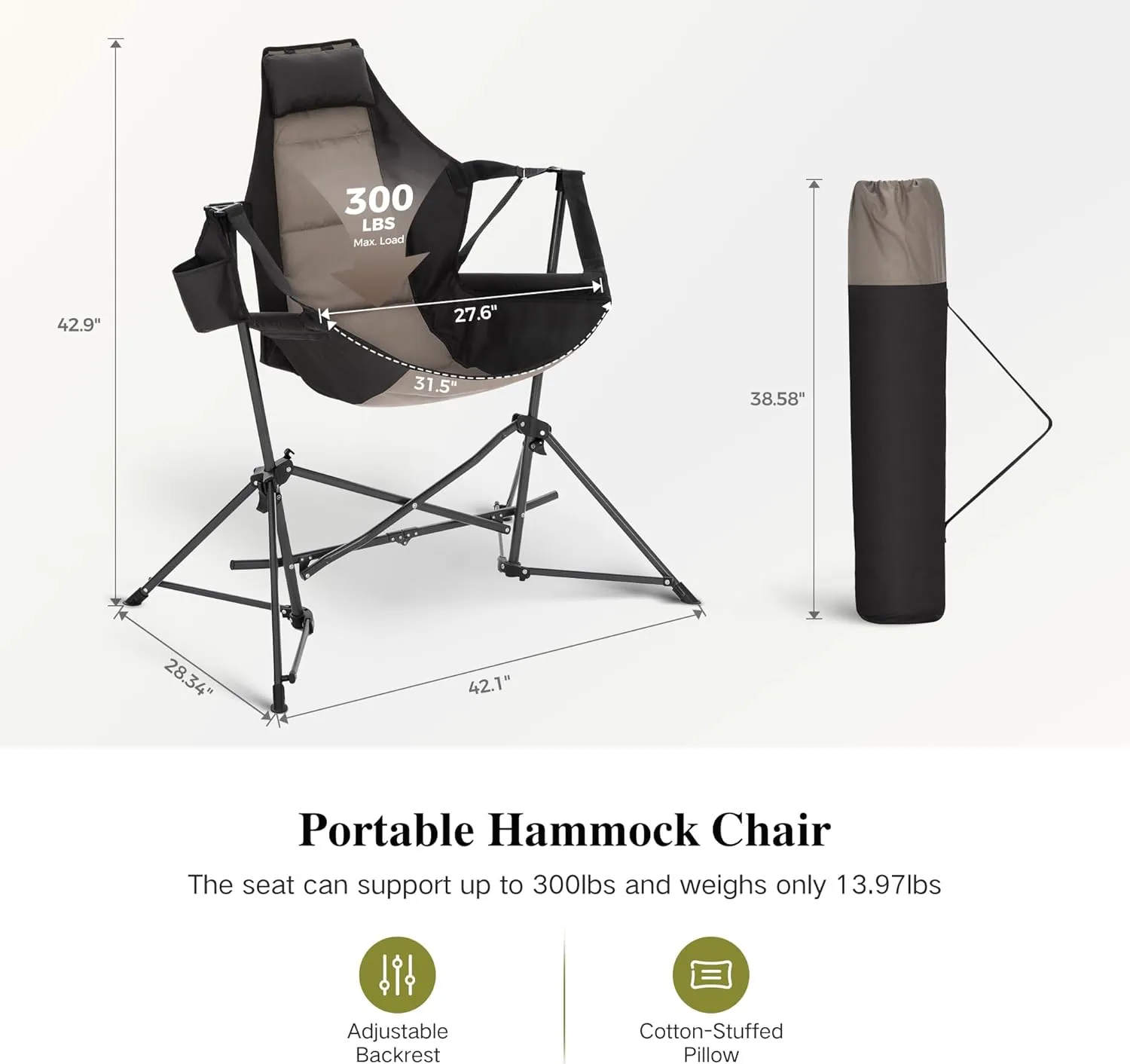 Hammock Camping Chair, Adjustable Back Swinging Chair, Folding Outdoor Rocking Chair, Heavy Duty Portable Camp Chair with Cup Holder and High Back for Adults, Black