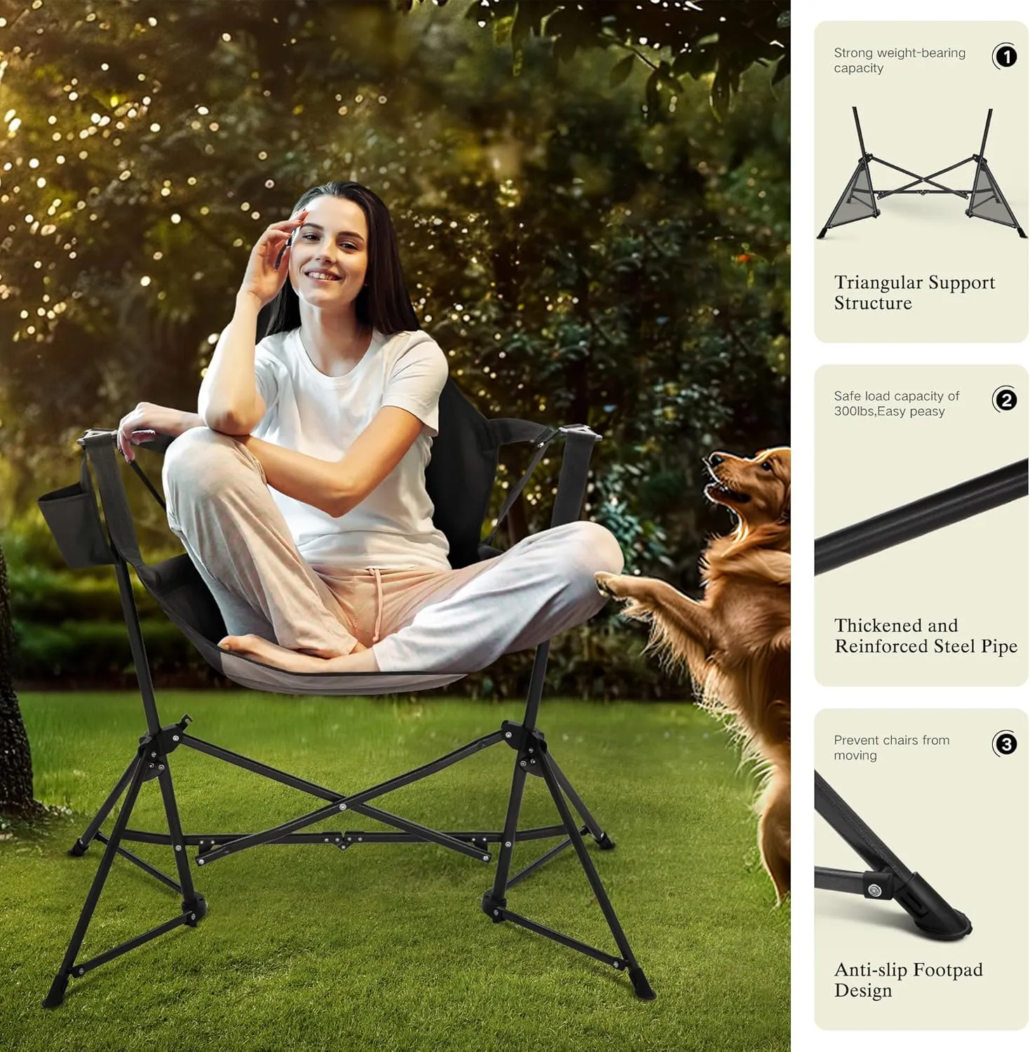 Hammock Camping Chair, Adjustable Back Swinging Chair, Folding Outdoor Rocking Chair, Heavy Duty Portable Camp Chair with Cup Holder and High Back for Adults, Black