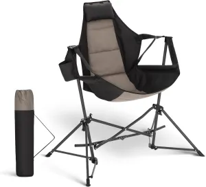 Hammock Camping Chair, Adjustable Back Swinging Chair, Folding Outdoor Rocking Chair, Heavy Duty Portable Camp Chair with Cup Holder and High Back for Adults, Black