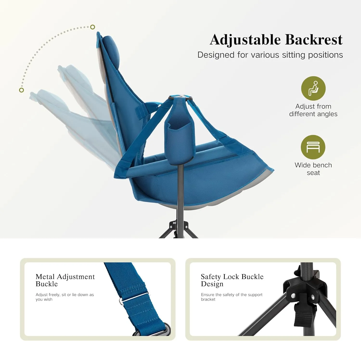 Hammock Camping Chair, Adjustable Back Swinging Chair, Folding Outdoor Rocking Chair, Heavy Duty Portable Camp Chair with Cup Holder and High Back for Adults, Blue