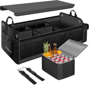 HAOKAY Collapsible Trunk Organizer with Insulated Leakproof Cooler Bag,Removable Lid,Adjustable Securing Straps,3 Compartments 5 in 1 Trunk Organizer for SUV,Truck,Sedan Jeep （95L