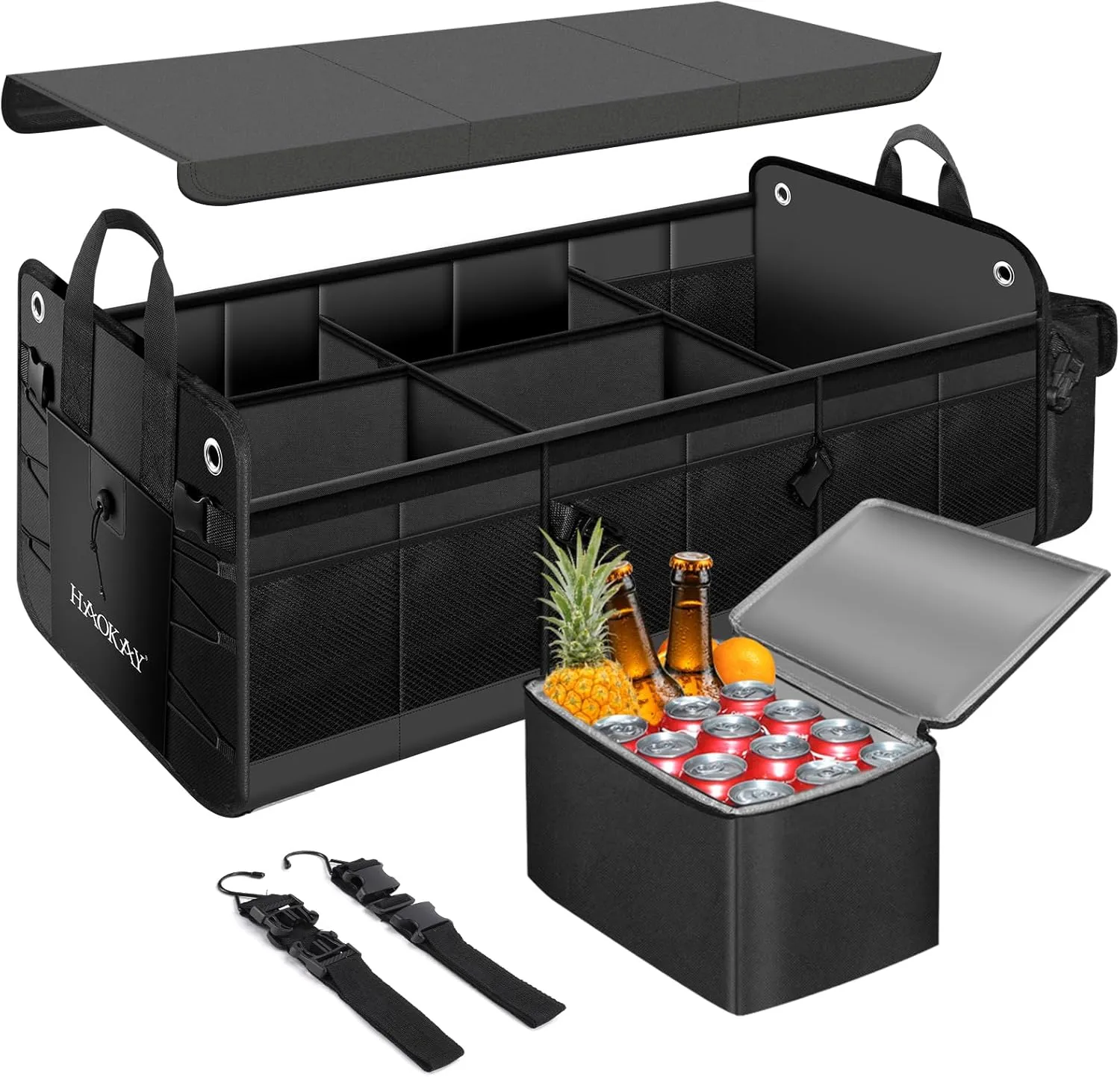 HAOKAY Collapsible Trunk Organizer with Insulated Leakproof Cooler Bag,Removable Lid,Adjustable Securing Straps,3 Compartments 5 in 1 Trunk Organizer for SUV,Truck,Sedan Jeep （95L