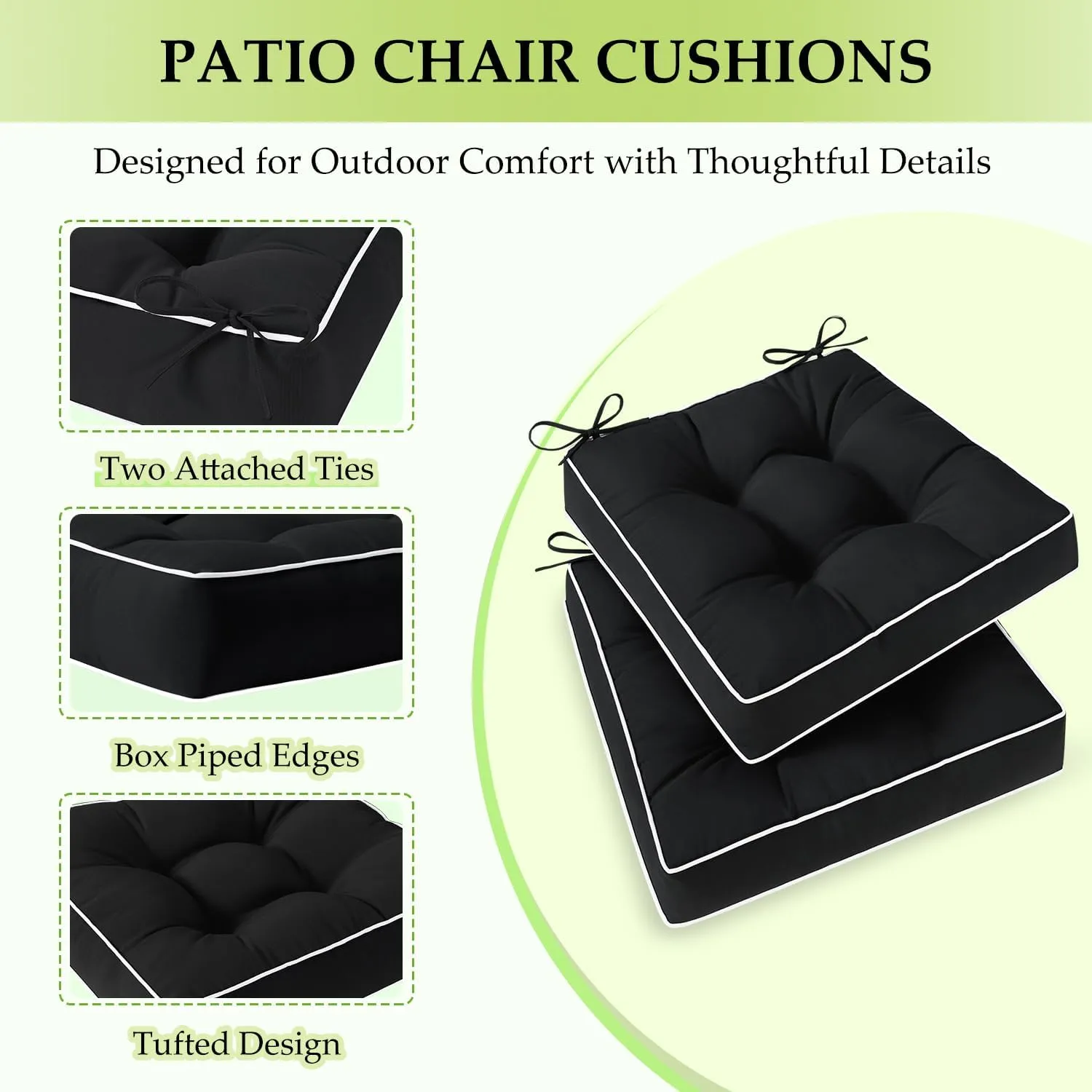 HARBOREST Outdoor Chair Cushions Set of 2, Tufted Patio Chair Cushions with Ties, Square Corner Outdoor Cushions for Patio Furniture, Lawn Chairs, Wicker Chairs, 19" x 19" x 5", Black
