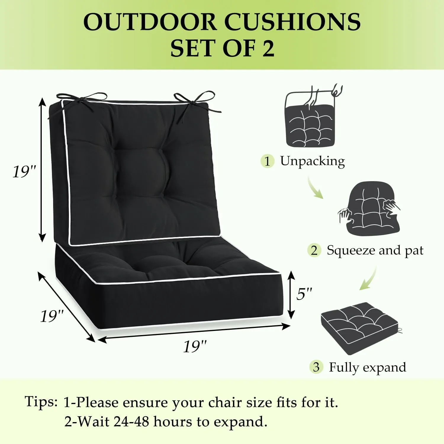 HARBOREST Outdoor Chair Cushions Set of 2, Tufted Patio Chair Cushions with Ties, Square Corner Outdoor Cushions for Patio Furniture, Lawn Chairs, Wicker Chairs, 19" x 19" x 5", Black