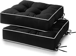 HARBOREST Outdoor Chair Cushions Set of 2, Tufted Patio Chair Cushions with Ties, Square Corner Outdoor Cushions for Patio Furniture, Lawn Chairs, Wicker Chairs, 19" x 19" x 5", Black
