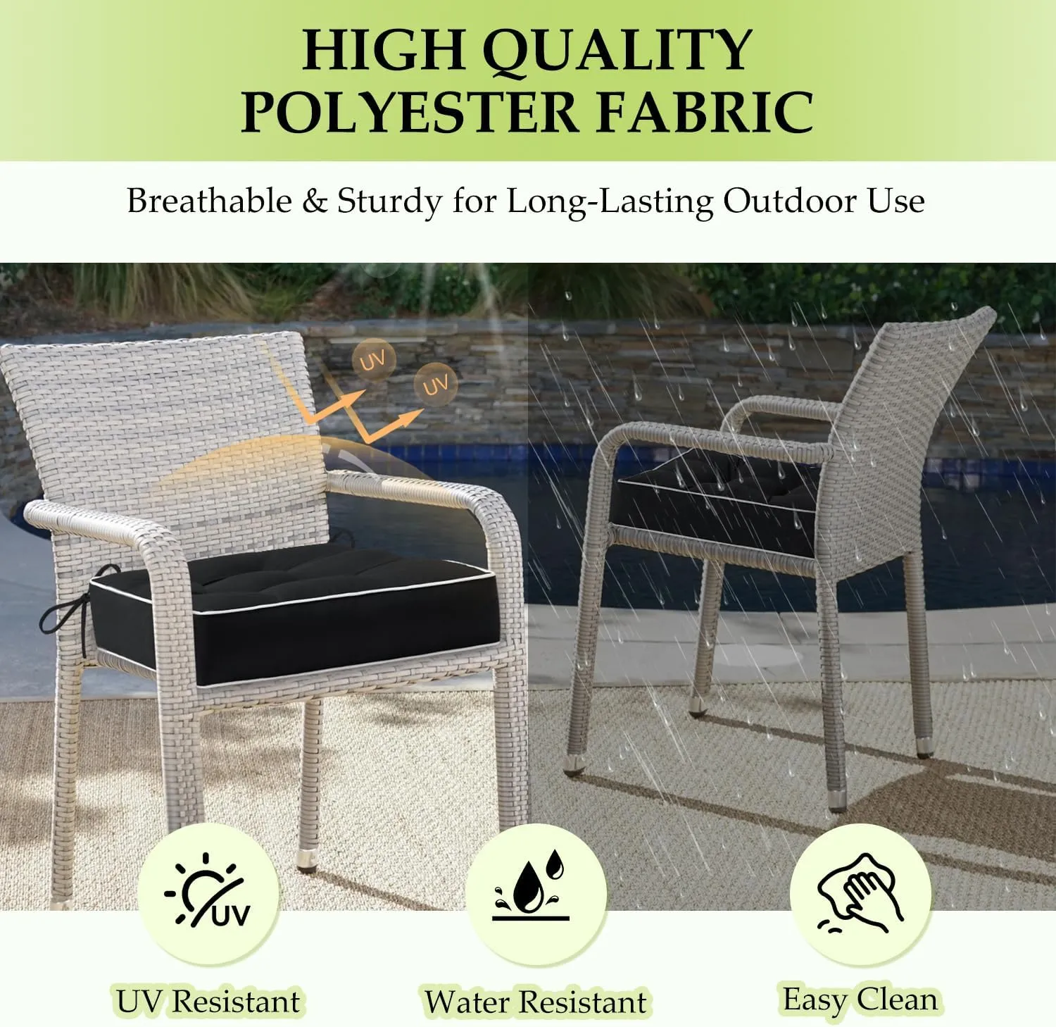 HARBOREST Outdoor Chair Cushions Set of 2, Tufted Patio Chair Cushions with Ties, Square Corner Outdoor Cushions for Patio Furniture, Lawn Chairs, Wicker Chairs, 19" x 19" x 5", Black