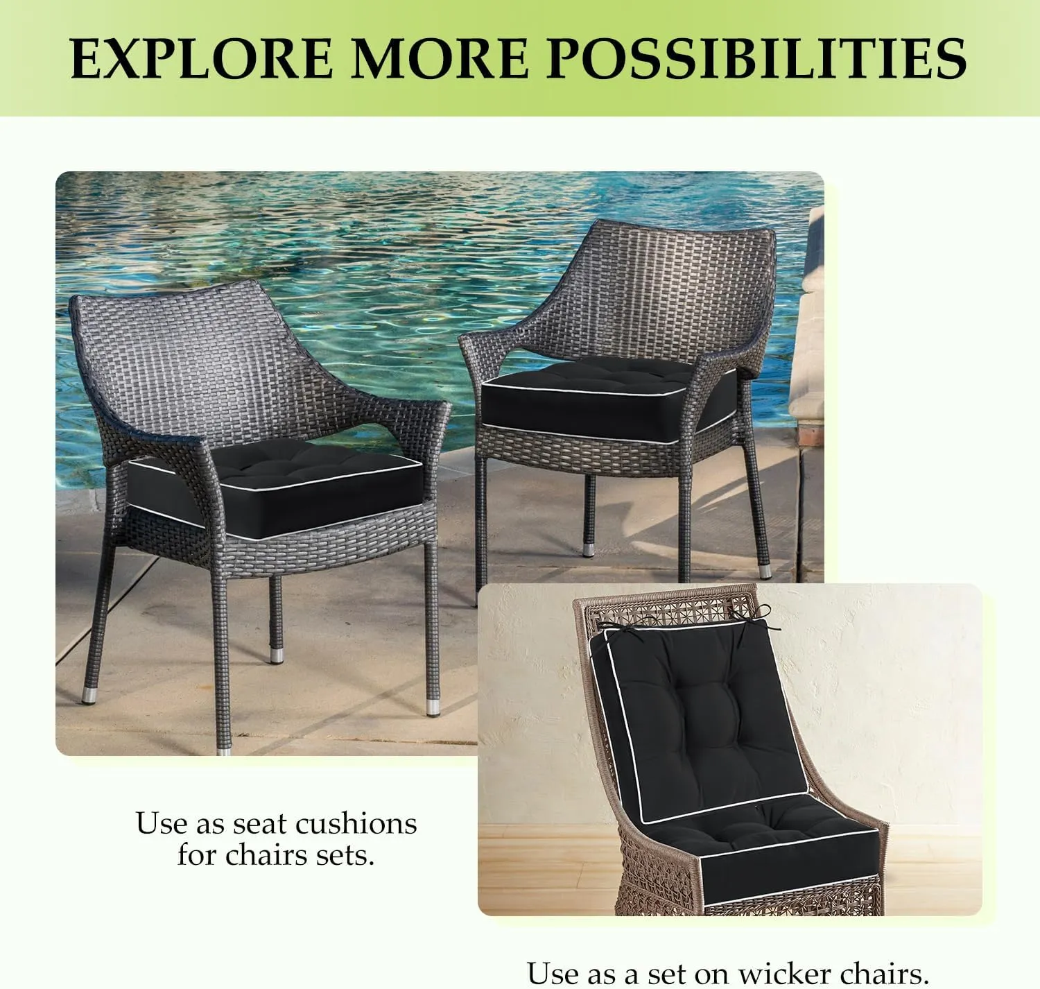 HARBOREST Outdoor Chair Cushions Set of 2, Tufted Patio Chair Cushions with Ties, Square Corner Outdoor Cushions for Patio Furniture, Lawn Chairs, Wicker Chairs, 19" x 19" x 5", Black