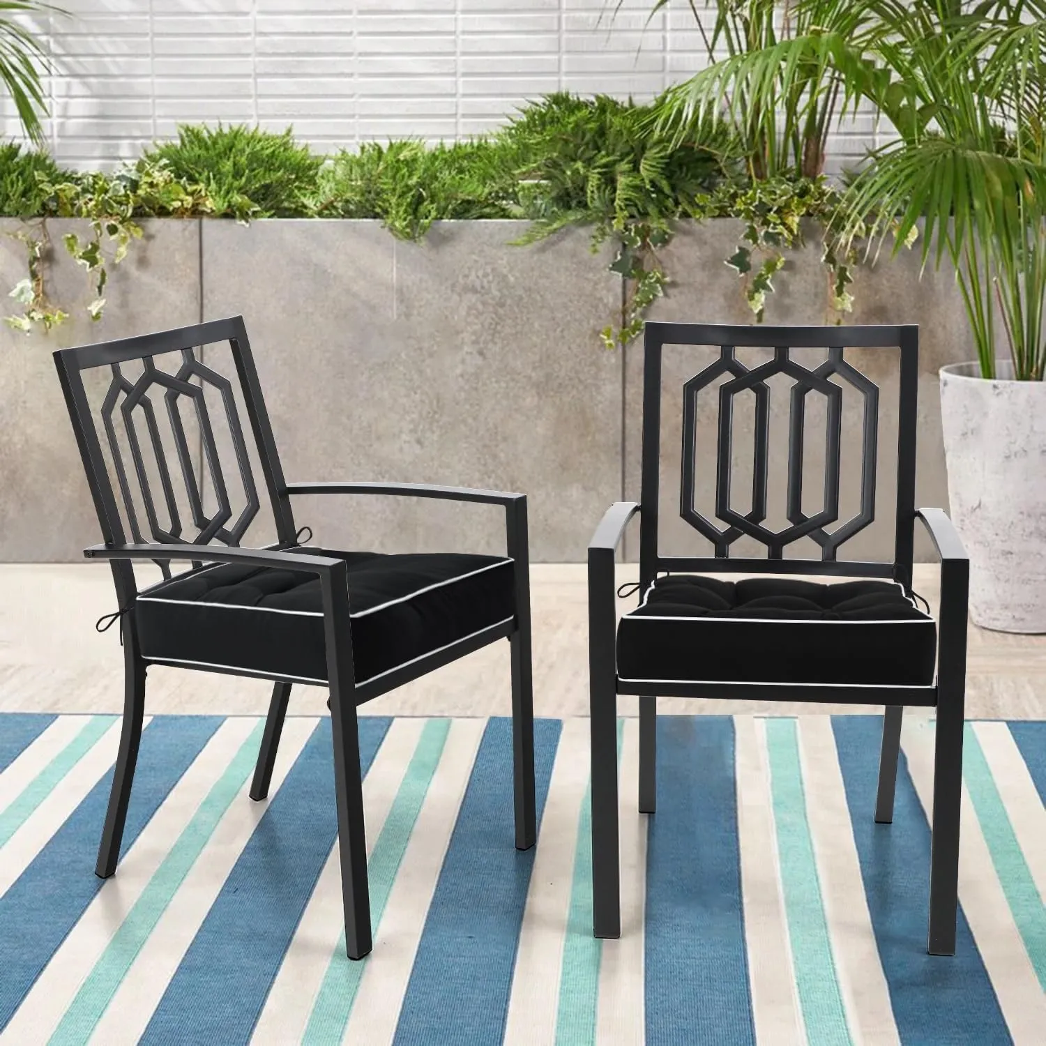 HARBOREST Outdoor Chair Cushions Set of 2, Tufted Patio Chair Cushions with Ties, Square Corner Outdoor Cushions for Patio Furniture, Lawn Chairs, Wicker Chairs, 19" x 19" x 5", Black