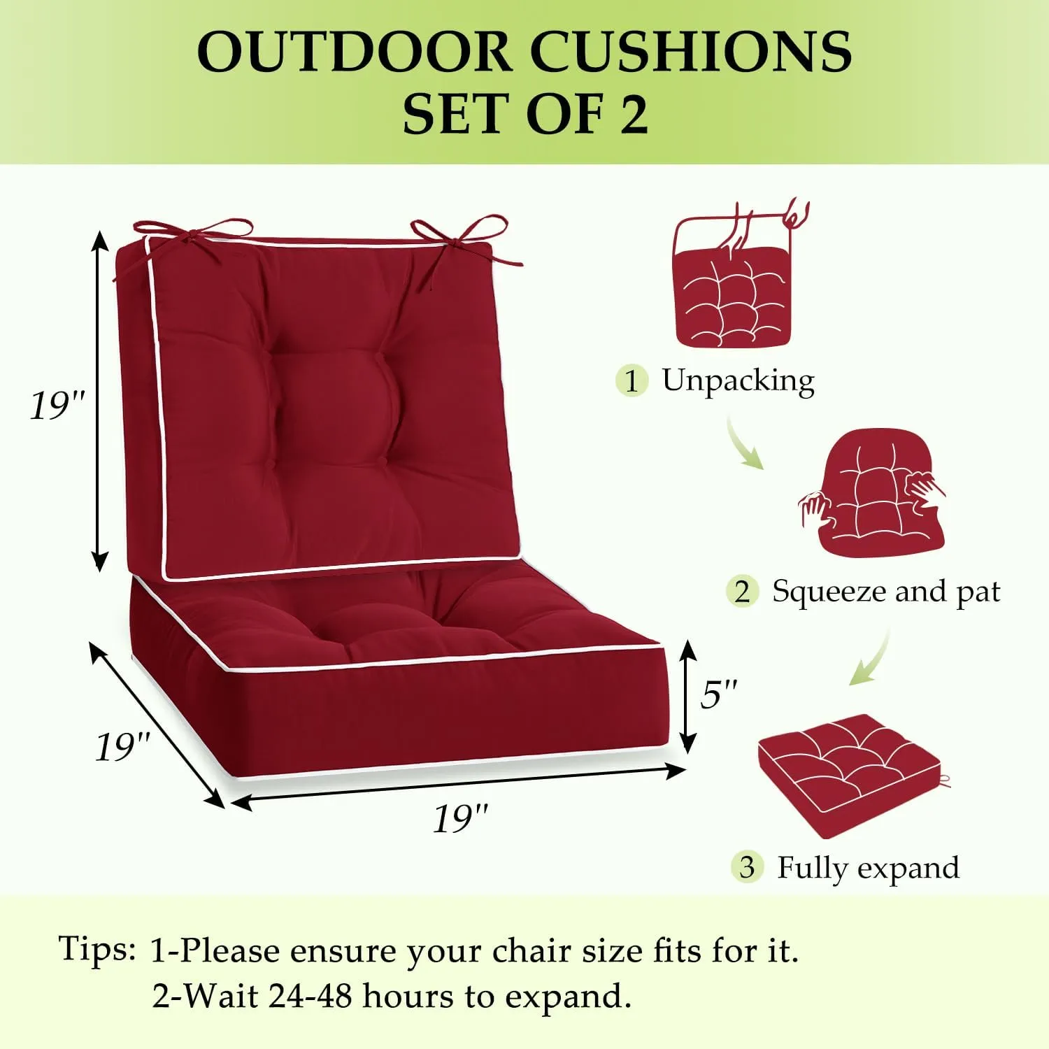 HARBOREST Outdoor Chair Cushions Set of 2, Tufted Patio Chair Cushions with Ties, Square Corner Outdoor Cushions for Patio Furniture, Lawn Chairs, Wicker Chairs, 19" x 19" x 5", Burgundy