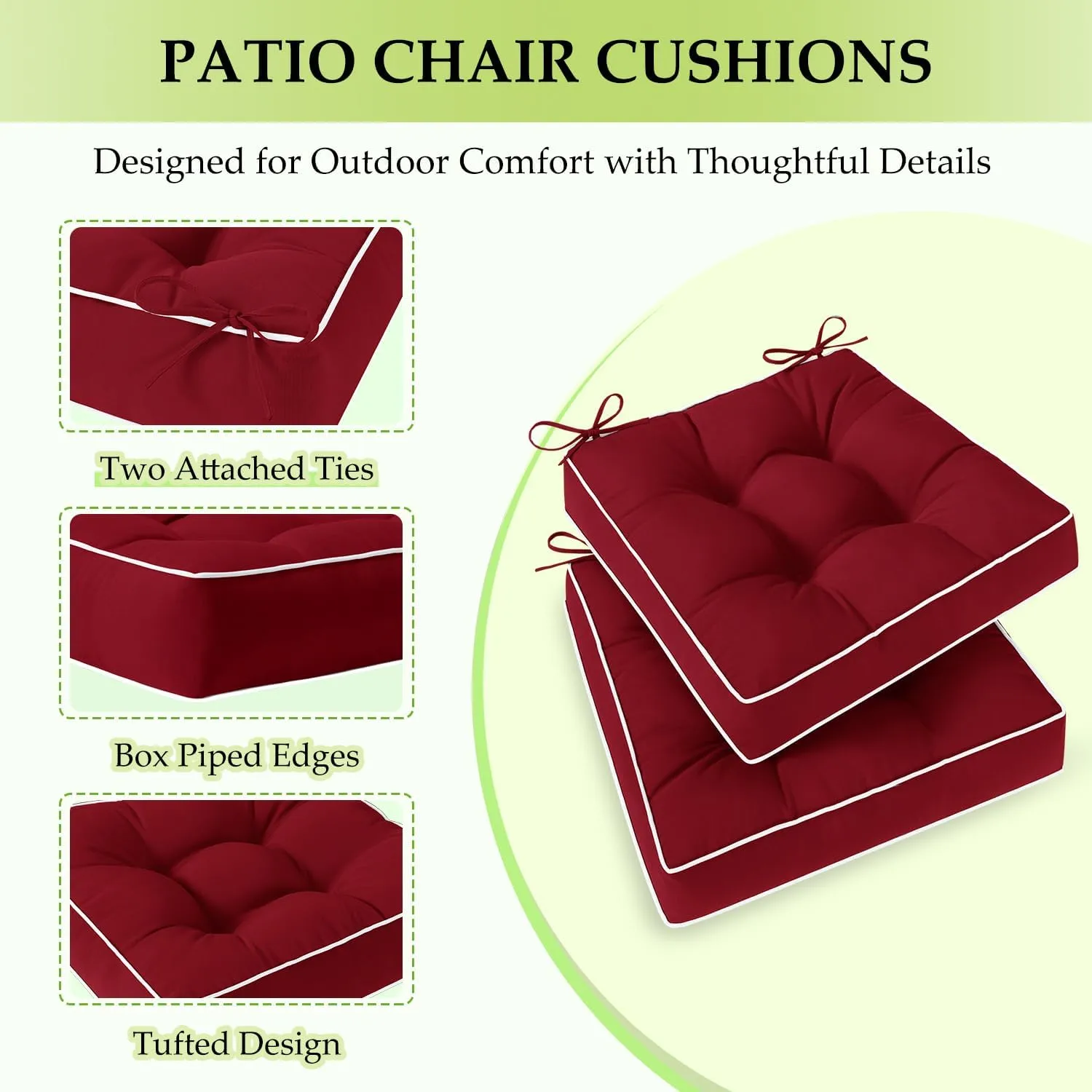 HARBOREST Outdoor Chair Cushions Set of 2, Tufted Patio Chair Cushions with Ties, Square Corner Outdoor Cushions for Patio Furniture, Lawn Chairs, Wicker Chairs, 19" x 19" x 5", Burgundy