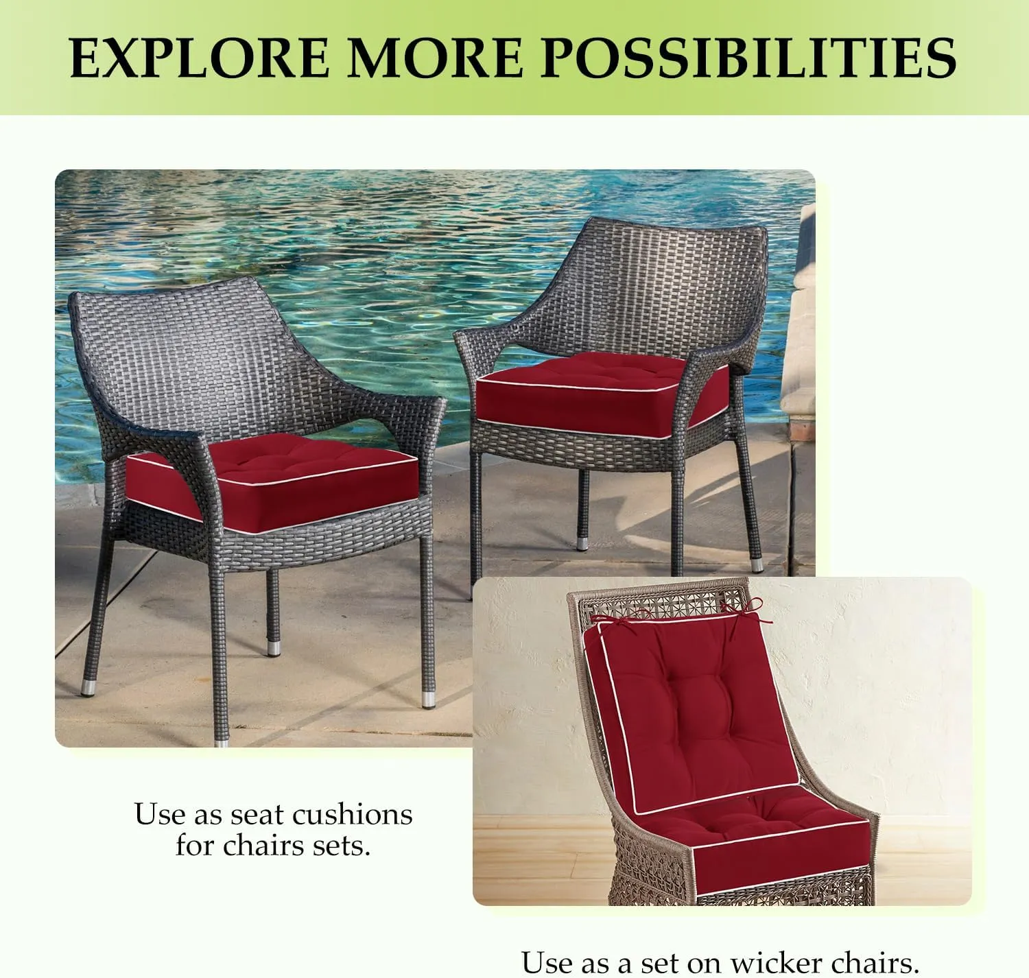 HARBOREST Outdoor Chair Cushions Set of 2, Tufted Patio Chair Cushions with Ties, Square Corner Outdoor Cushions for Patio Furniture, Lawn Chairs, Wicker Chairs, 19" x 19" x 5", Burgundy