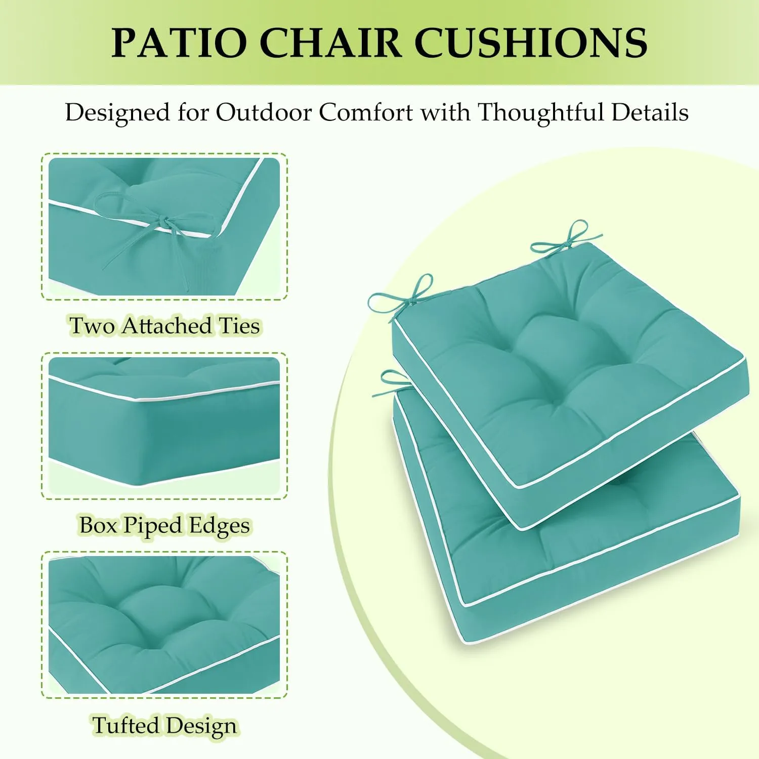 HARBOREST Outdoor Chair Cushions Set of 2, Tufted Patio Chair Cushions with Ties, Square Corner Outdoor Cushions for Patio Furniture, Lawn Chairs, Wicker Chairs, 19" x 19" x 5", Teal