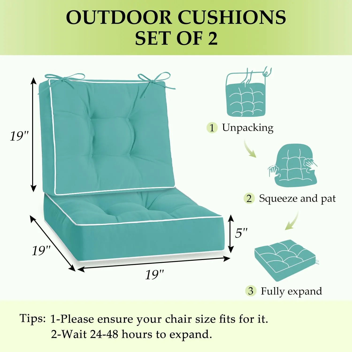 HARBOREST Outdoor Chair Cushions Set of 2, Tufted Patio Chair Cushions with Ties, Square Corner Outdoor Cushions for Patio Furniture, Lawn Chairs, Wicker Chairs, 19" x 19" x 5", Teal