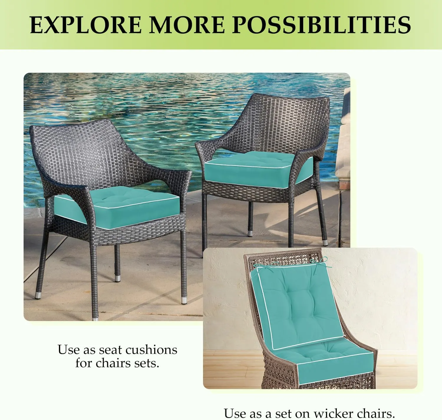 HARBOREST Outdoor Chair Cushions Set of 2, Tufted Patio Chair Cushions with Ties, Square Corner Outdoor Cushions for Patio Furniture, Lawn Chairs, Wicker Chairs, 19" x 19" x 5", Teal