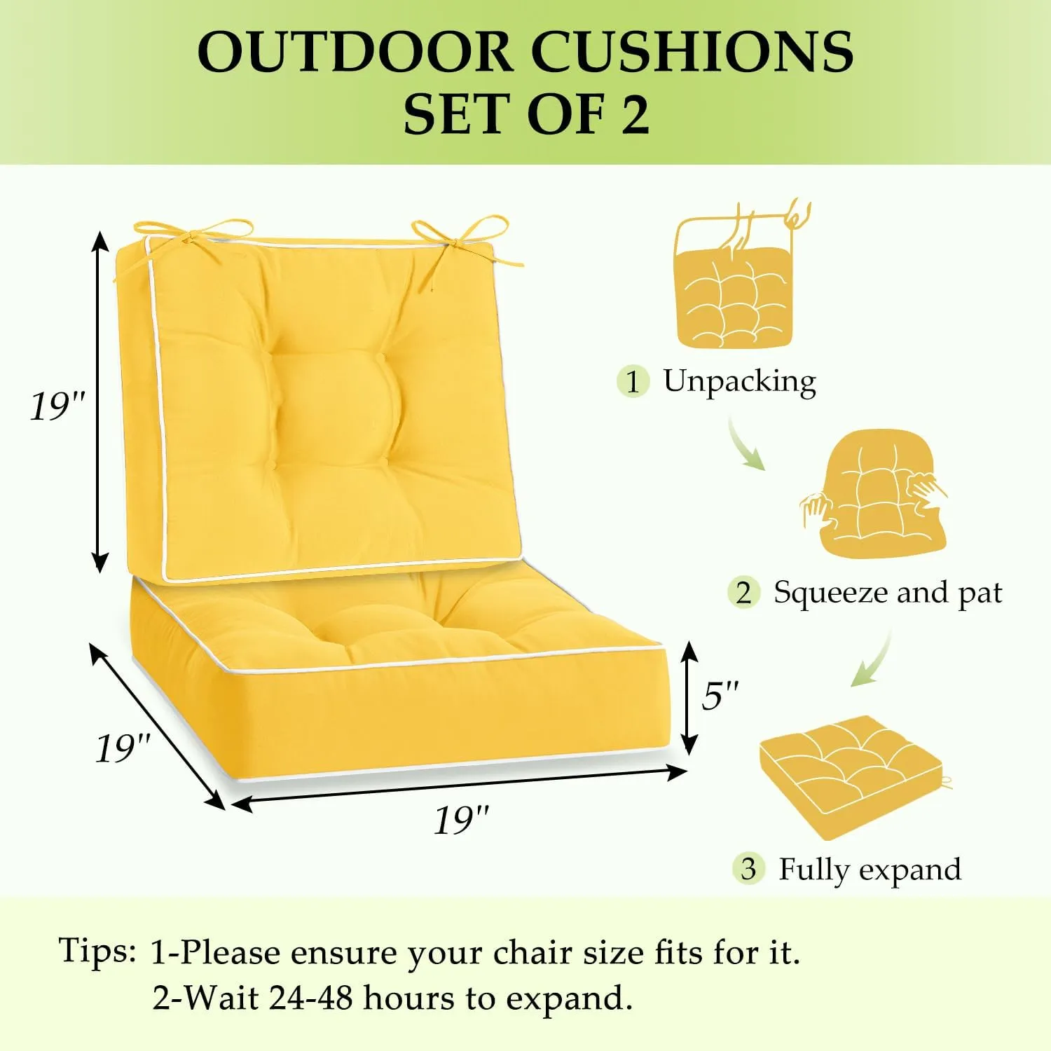 HARBOREST Outdoor Chair Cushions Set of 2, Tufted Patio Chair Cushions with Ties, Square Corner Outdoor Cushions for Patio Furniture, Lawn Chairs, Wicker Chairs, 19" x 19" x 5", Yellow