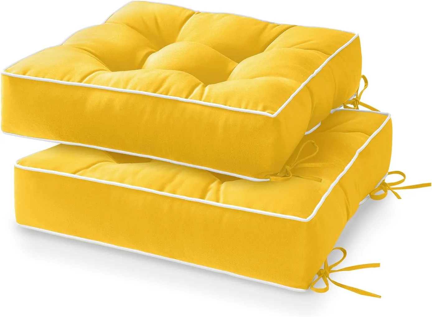 HARBOREST Outdoor Chair Cushions Set of 2, Tufted Patio Chair Cushions with Ties, Square Corner Outdoor Cushions for Patio Furniture, Lawn Chairs, Wicker Chairs, 19" x 19" x 5", Yellow