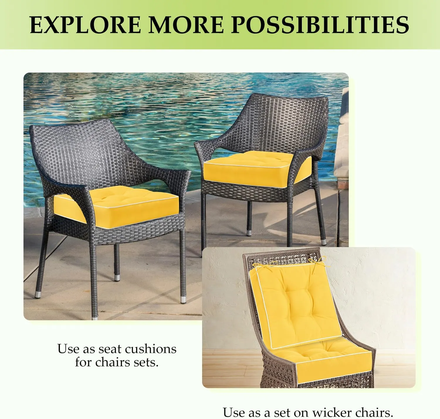HARBOREST Outdoor Chair Cushions Set of 2, Tufted Patio Chair Cushions with Ties, Square Corner Outdoor Cushions for Patio Furniture, Lawn Chairs, Wicker Chairs, 19" x 19" x 5", Yellow