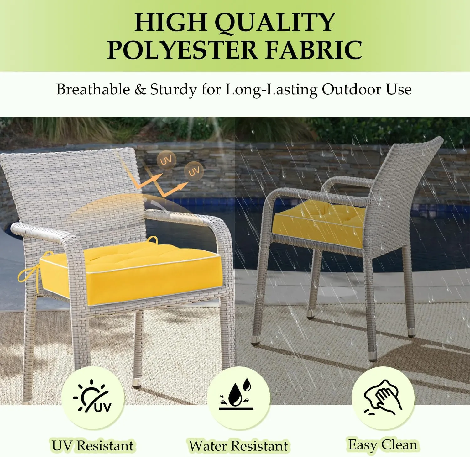 HARBOREST Outdoor Chair Cushions Set of 2, Tufted Patio Chair Cushions with Ties, Square Corner Outdoor Cushions for Patio Furniture, Lawn Chairs, Wicker Chairs, 19" x 19" x 5", Yellow