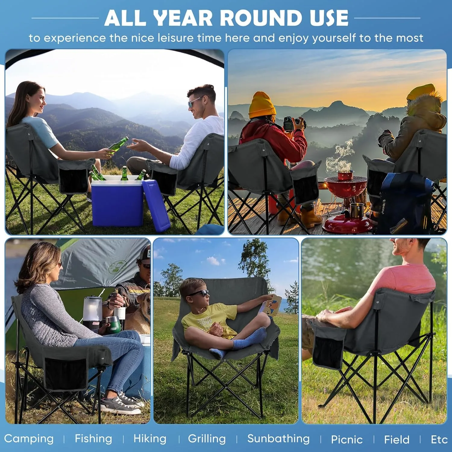 HaSteeL Camping Chair for Adults, Compact Folding Portable Chairs Set with Side Pockets for Outdoors Fishing, Hiking, Backpacking, Picnic, Beach, Travel, Supports to 250lbs, & Storage Bags (Grey)