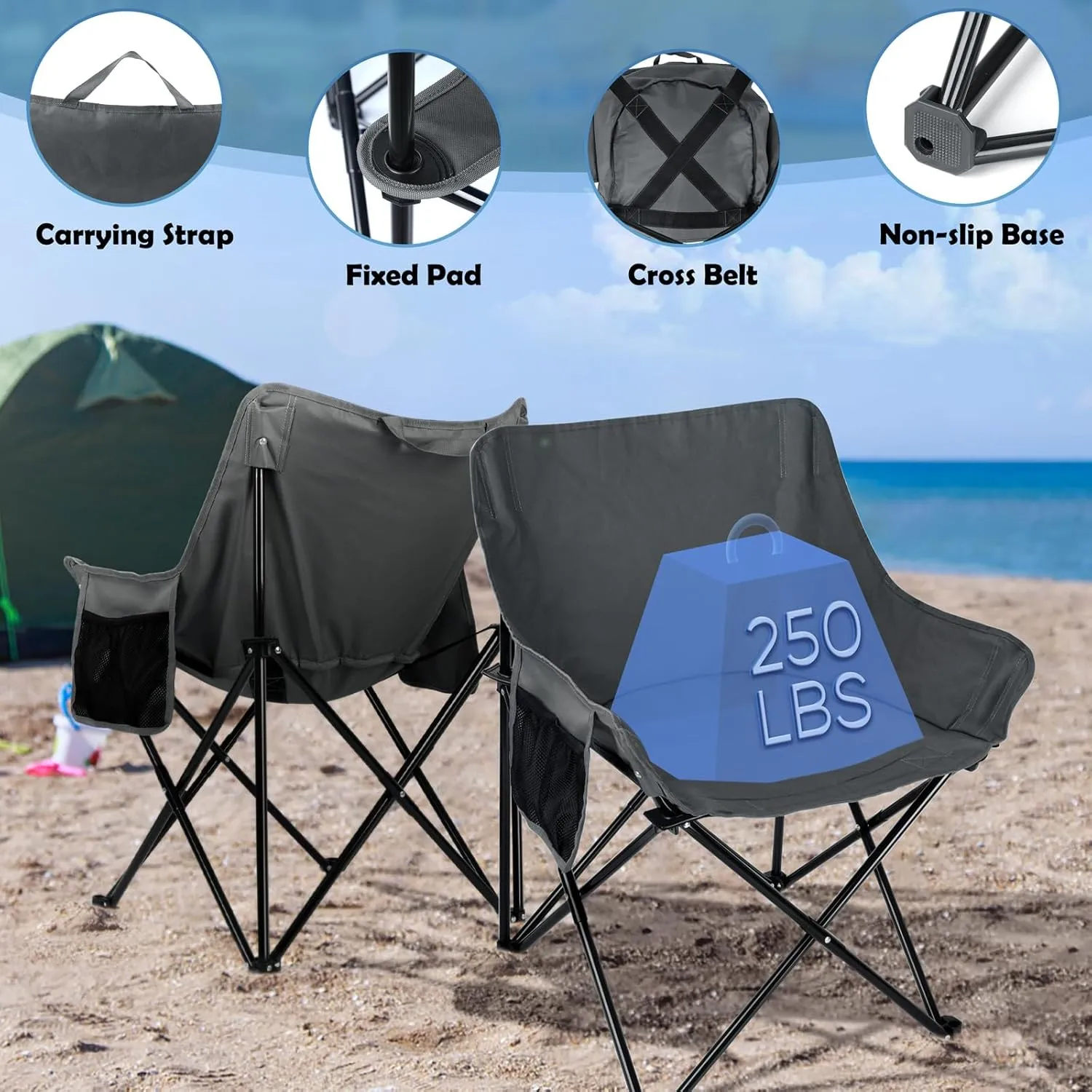 HaSteeL Camping Chair for Adults, Compact Folding Portable Chairs Set with Side Pockets for Outdoors Fishing, Hiking, Backpacking, Picnic, Beach, Travel, Supports to 250lbs, & Storage Bags (Grey)