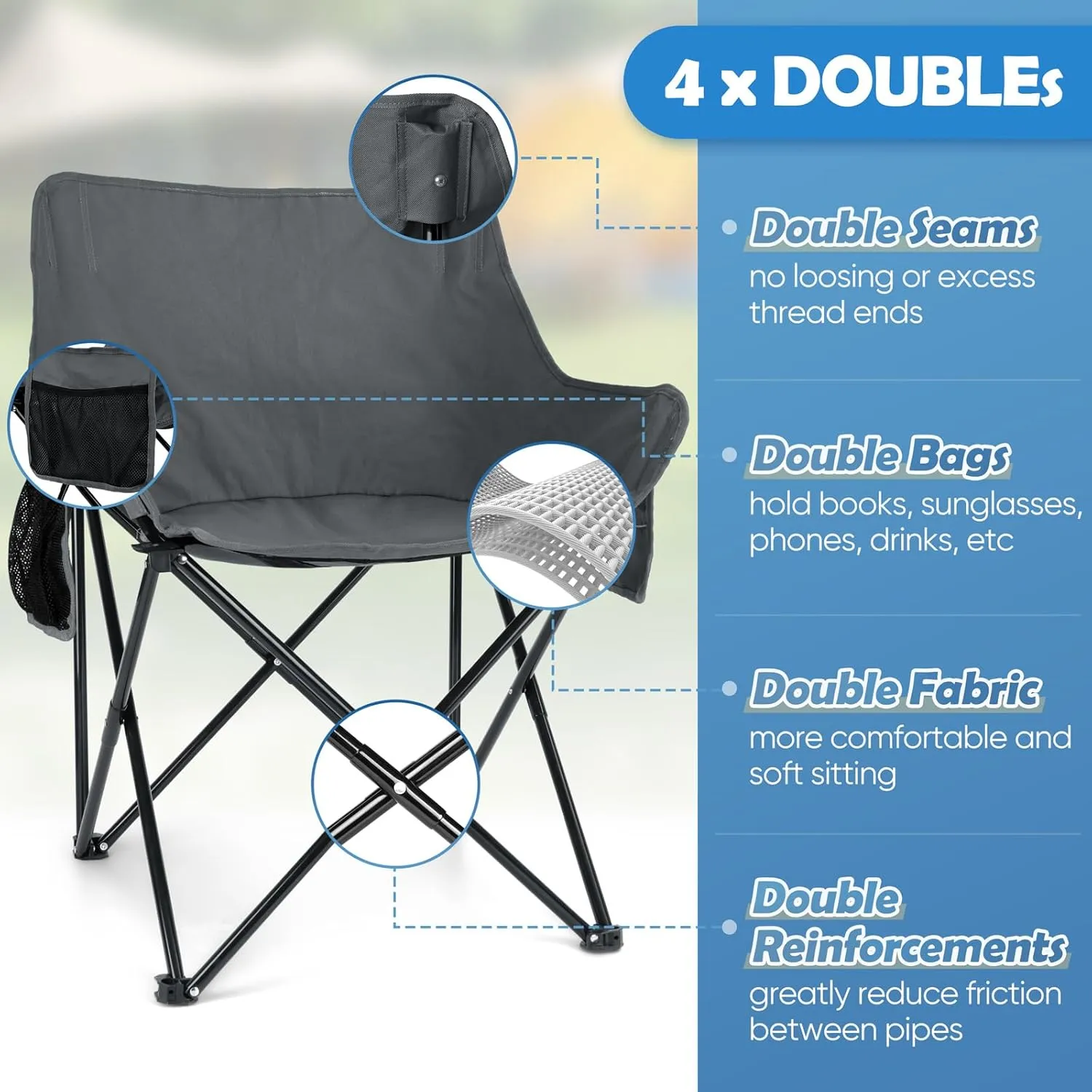 HaSteeL Camping Chair for Adults, Compact Folding Portable Chairs Set with Side Pockets for Outdoors Fishing, Hiking, Backpacking, Picnic, Beach, Travel, Supports to 250lbs, & Storage Bags (Grey)