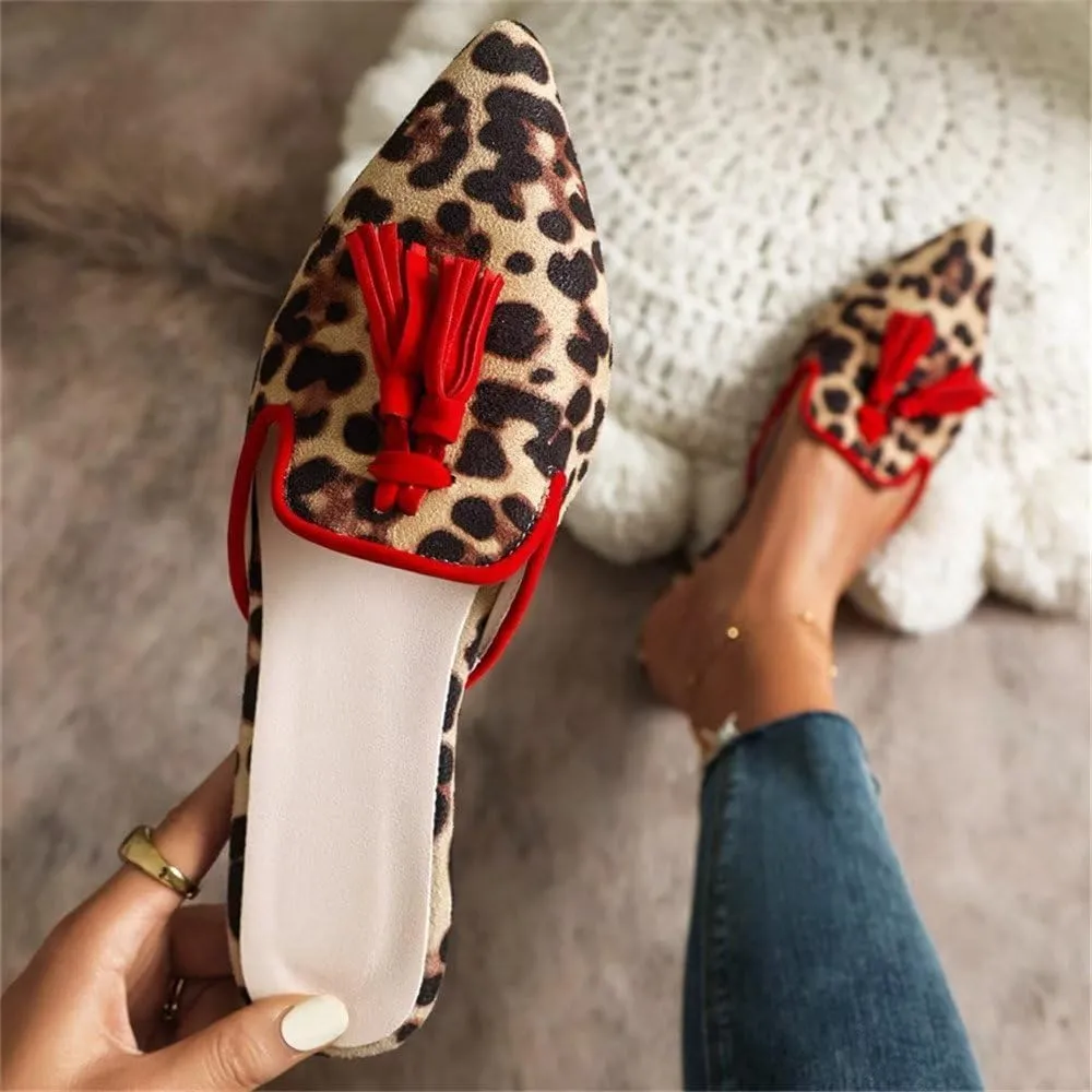 Hee grand Women Mules Closed Pointed Toe Tassel Flat Mules Casual Outdoor Slippers Slip On Backless Loafers