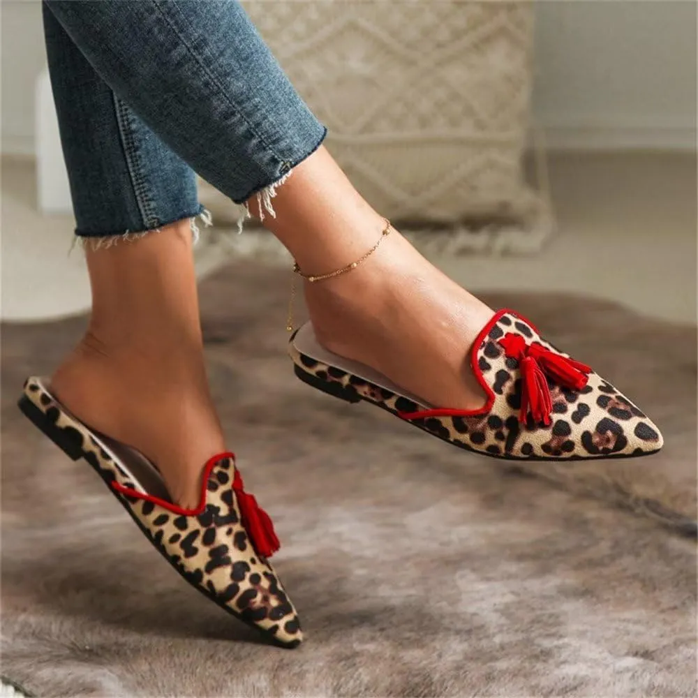 Hee grand Women Mules Closed Pointed Toe Tassel Flat Mules Casual Outdoor Slippers Slip On Backless Loafers
