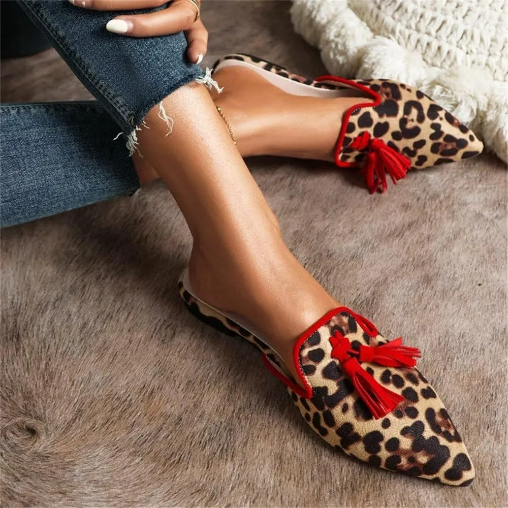 Hee grand Women Mules Closed Pointed Toe Tassel Flat Mules Casual Outdoor Slippers Slip On Backless Loafers