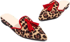 Hee grand Women Mules Closed Pointed Toe Tassel Flat Mules Casual Outdoor Slippers Slip On Backless Loafers