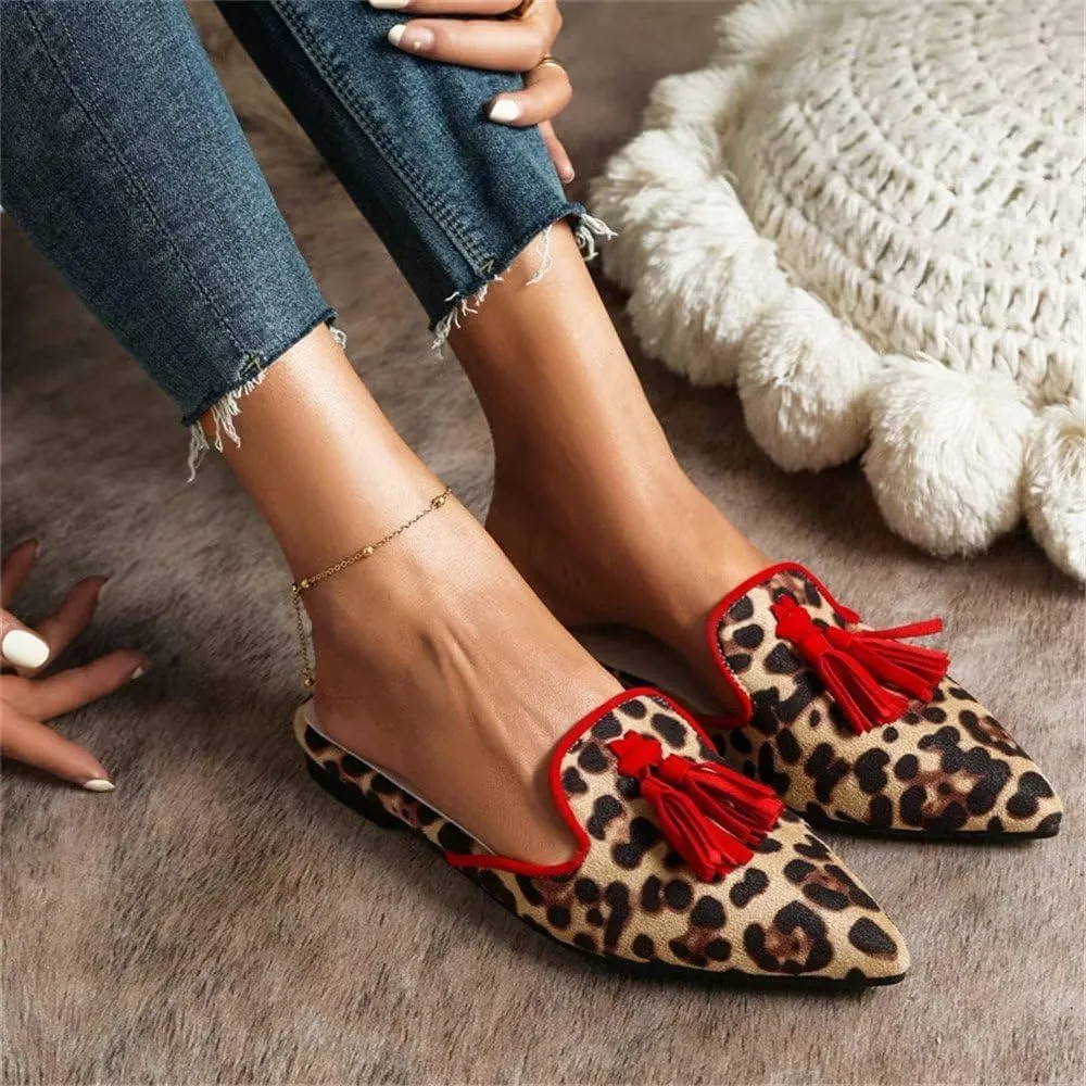 Hee grand Women Mules Closed Pointed Toe Tassel Flat Mules Casual Outdoor Slippers Slip On Backless Loafers
